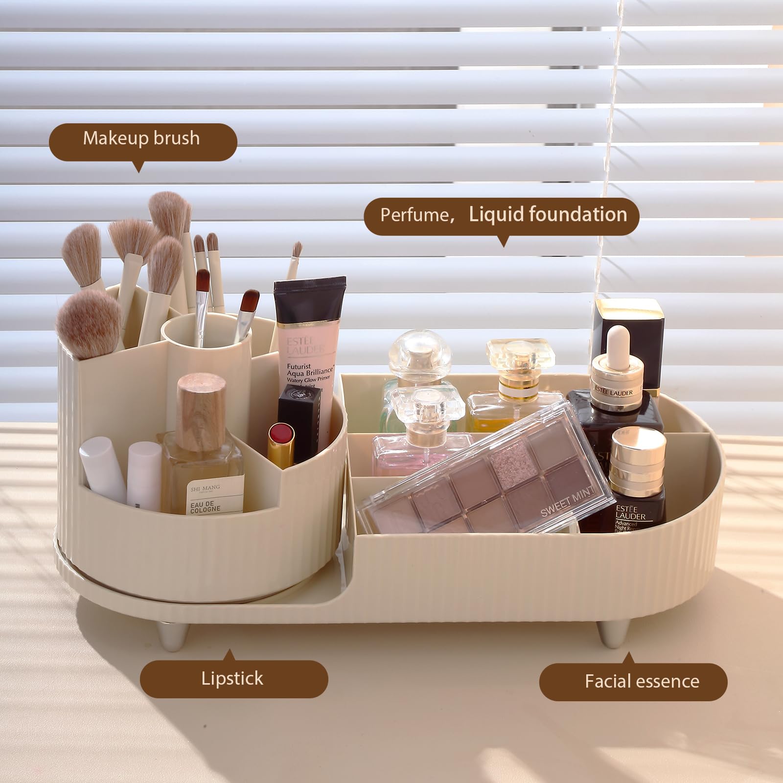 Rotating Makeup Organizer for Vanity - Cosmetic & Skincare Storage - Perfect for Brushes & Lipsticks (Creamy) - Ideal for Beauty Routines