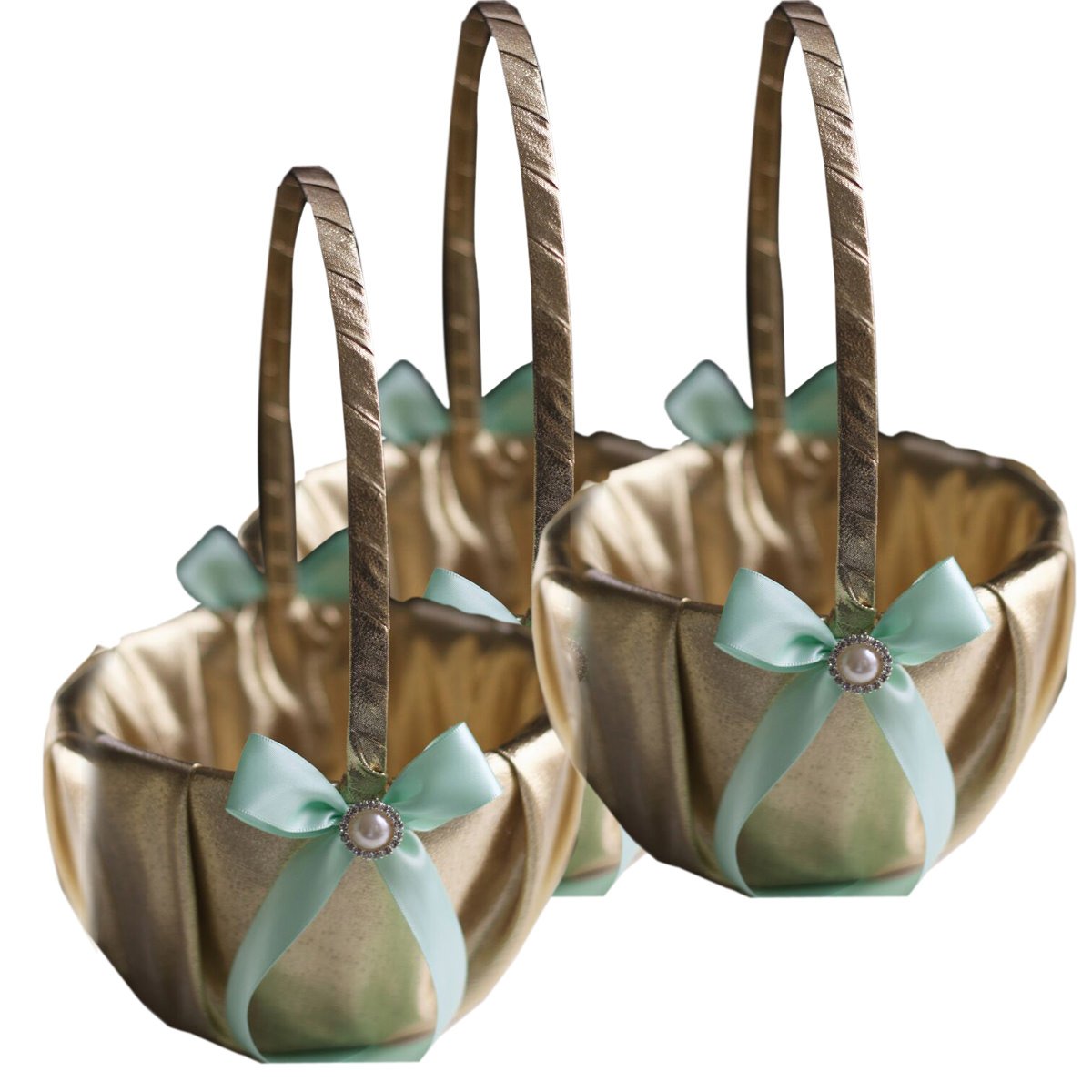 Elegant Gold & Mint Wedding Ring Bearer Pillow and Flower Girl Basket Set - Satin & Ribbon Decor - Perfect Match for Bridesmaid Dresses & Wedding Themes - Ideal for Church Ceremonies, Garden Weddings & Reception Decor