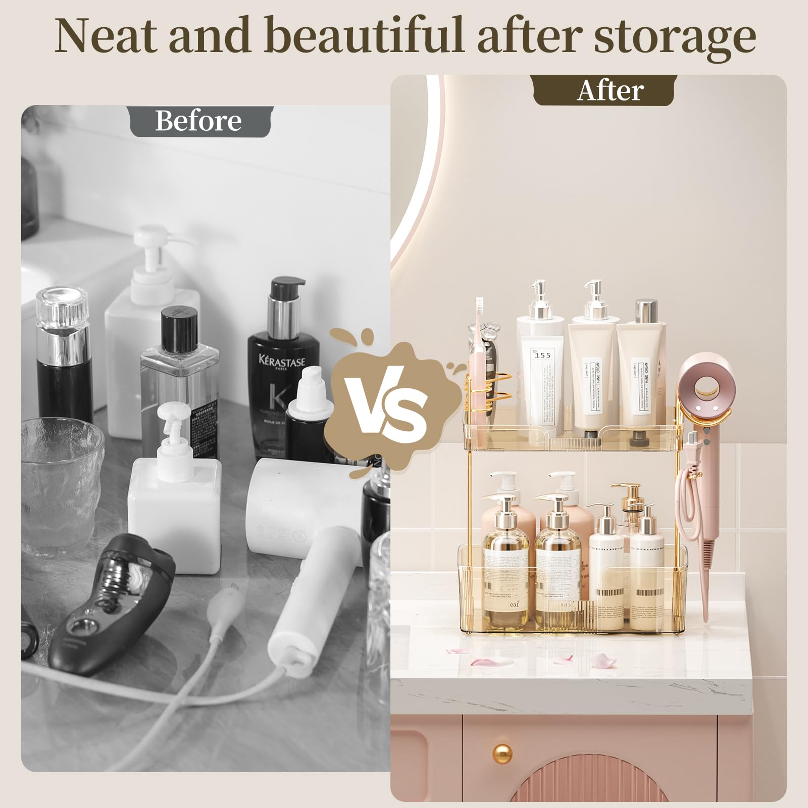 2-Tier Gold Bathroom Organizer with Hair Dryer Holder - Vanity Tray for Makeup & Skincare Storage