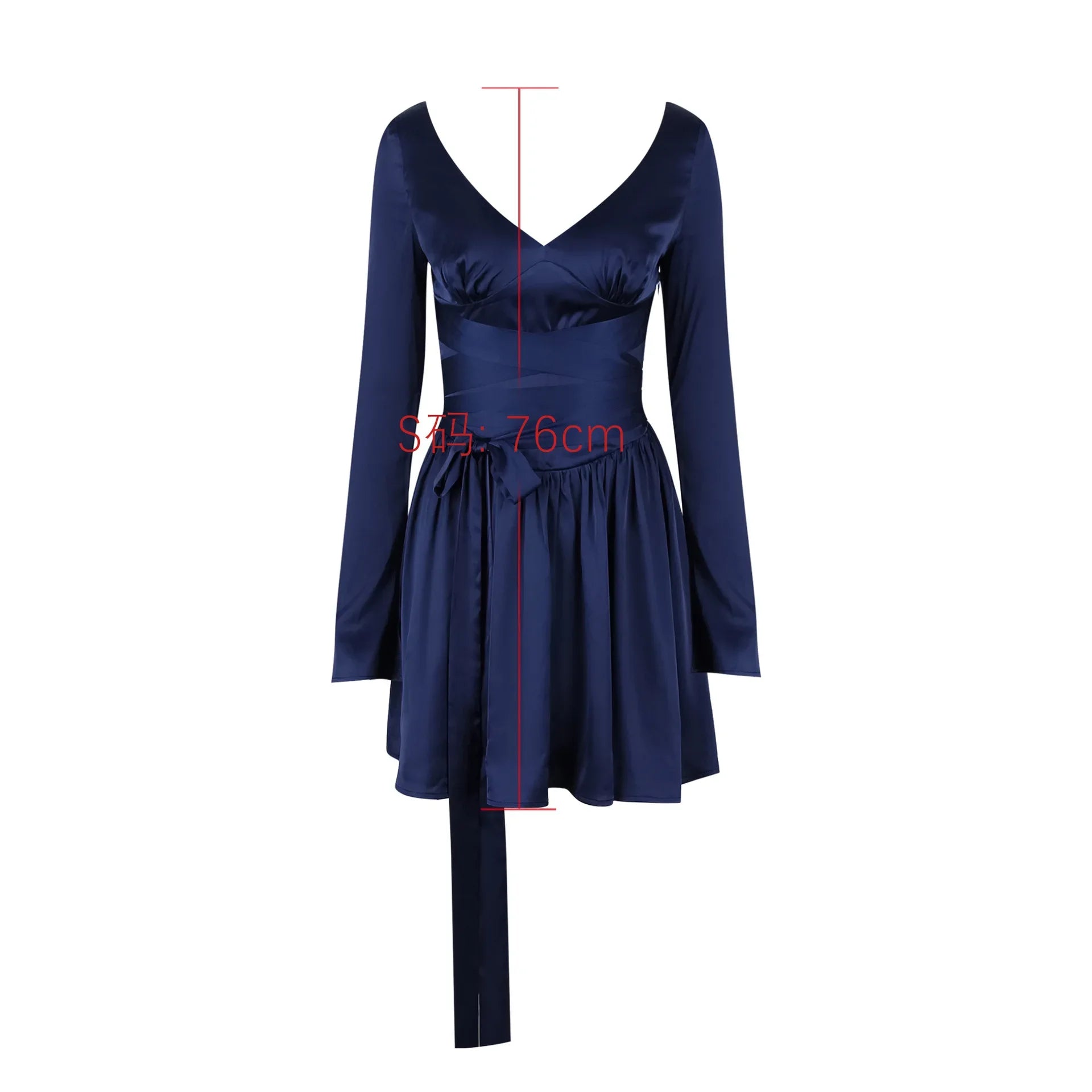 Women's Navy Blue Long Sleeve V-Neck A-Line Mini Dress with Belt | Fall Winter Casual Dress for Work, Date Night & Holiday Parties