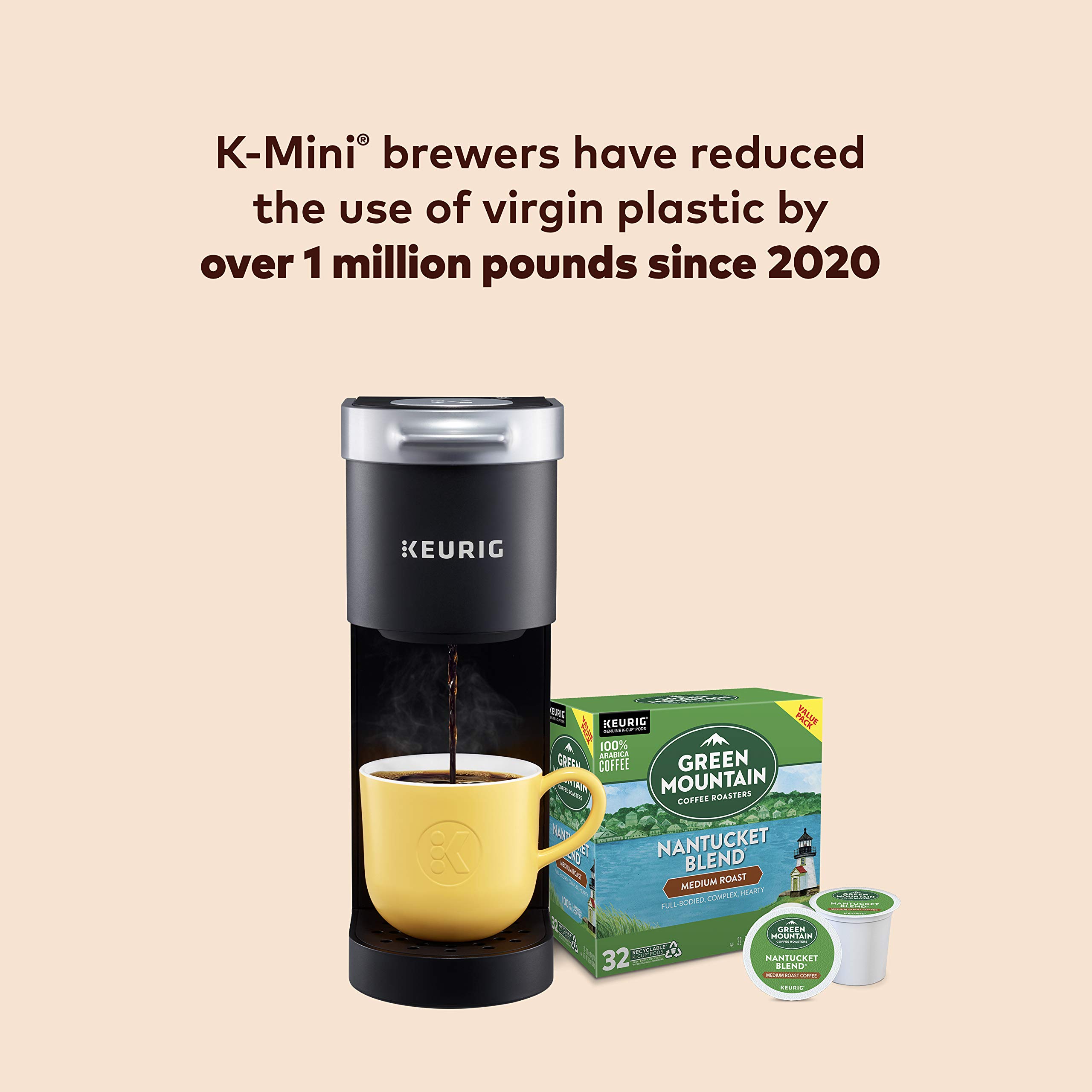 Keurig K-Mini Single Serve Coffee Maker with Green Mountain Coffee Roasters Nantucket Blend Medium Roast - 32 K-Cup Pods for Home, Office & Dorm | Compact Coffee Machine for Quick Brewing