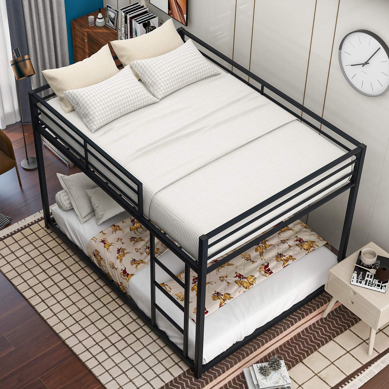 Rhomtree Full Over Full Low Bunk Bed with Ladder - Heavy Duty Metal Bunk Bed Frame with Safety Guard Rails for Kids, Teens & Adults - Space Saving Design for Small Rooms, Dorms & Guest Rooms (Black)
