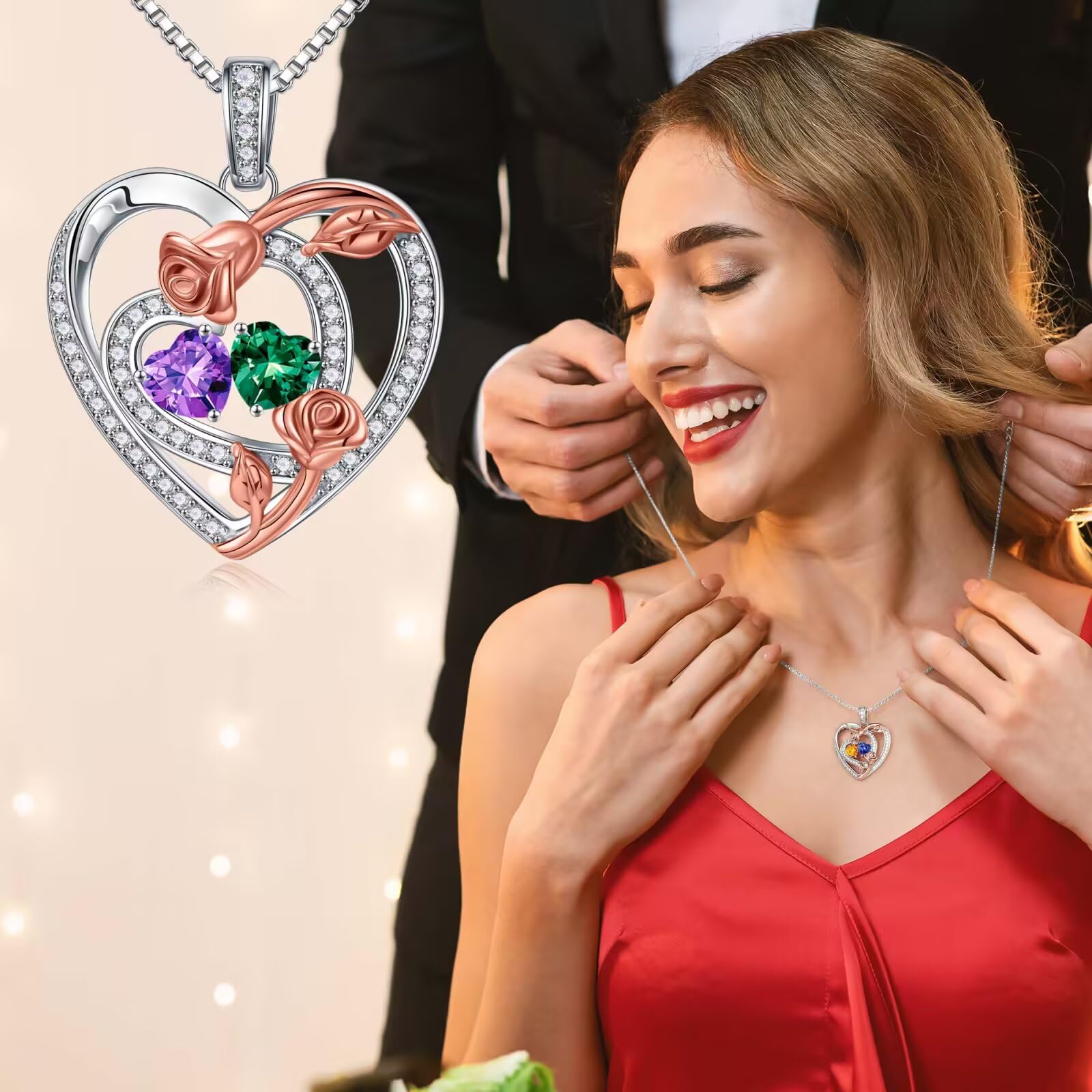 925 Sterling Silver Rose Heart Birthstone Necklace for Women - Personalized Jewelry Gift for Wife, Girlfriend, Mom | Anniversary, Birthday, Mother's Day Present | Elegant Necklace for Everyday Wear & Special Occasions