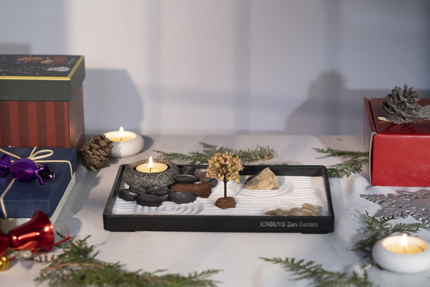 Handmade Zen Garden Pebbles Candle Holder Set with Sand, Base Tray & Tools - Meditation Decor for Home Office Desk, Spa Relaxation & Gift Idea