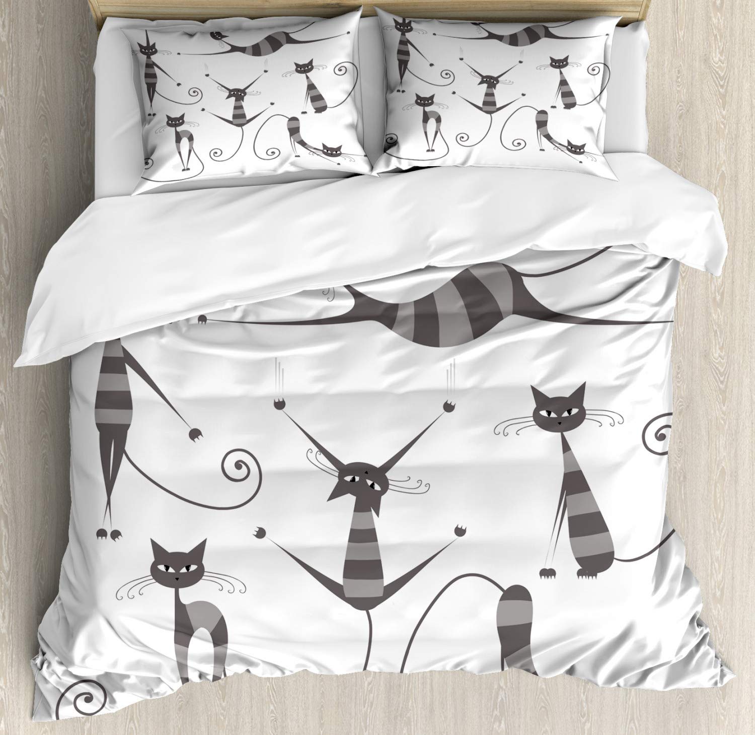 Ambesonne Cat Duvet Cover Set - King Size 2-Pack with 4 Pillowcases, Funny Striped Cat Design in Dimgray | Soft Bedding for Cozy Nights & Pet Lover Gifts