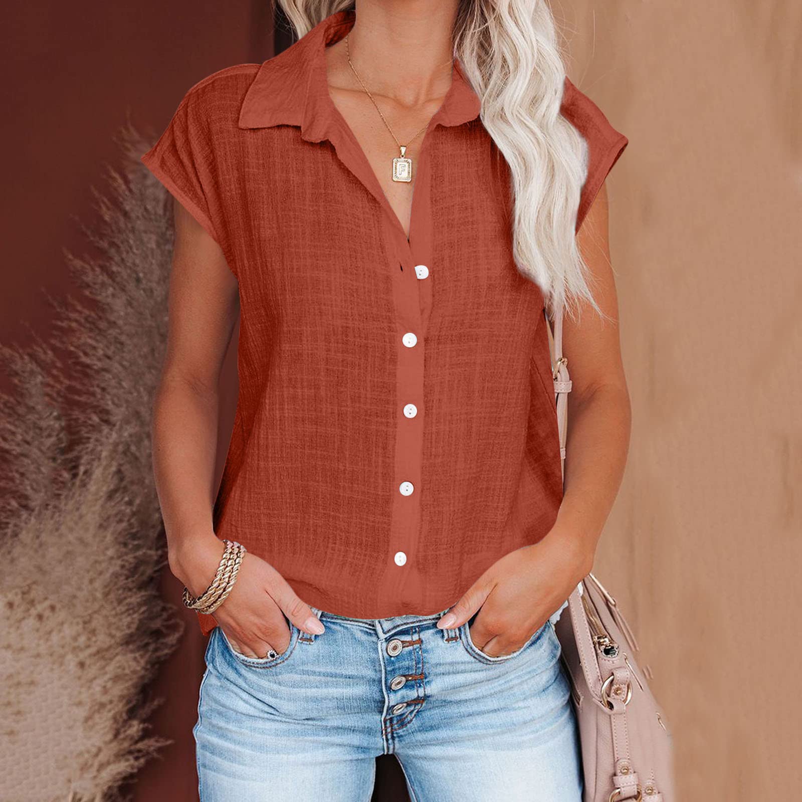 Women's Casual Cotton Linen Short Sleeve Blouses - Trendy 2024 Summer Tops, Loose Fit T-Shirts for Work, Date & Vacation