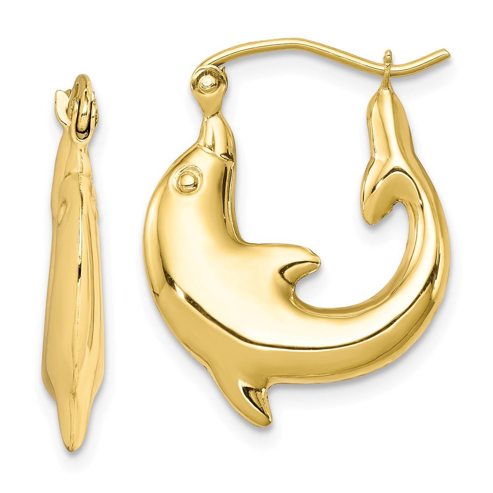 10K Yellow Gold Dolphin Hoop Earrings for Women - 21mm x 17mm Dainty Marine Jewelry - Perfect for Beach Vacations, Summer Outfits & Ocean Lover Gifts