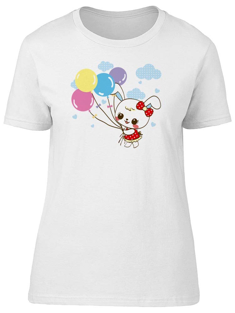 Women's Tiny Rabbit Holding Balloons Graphic T-Shirt - Cute Animal Print Tee for Casual Wear, Outfits & Gifts