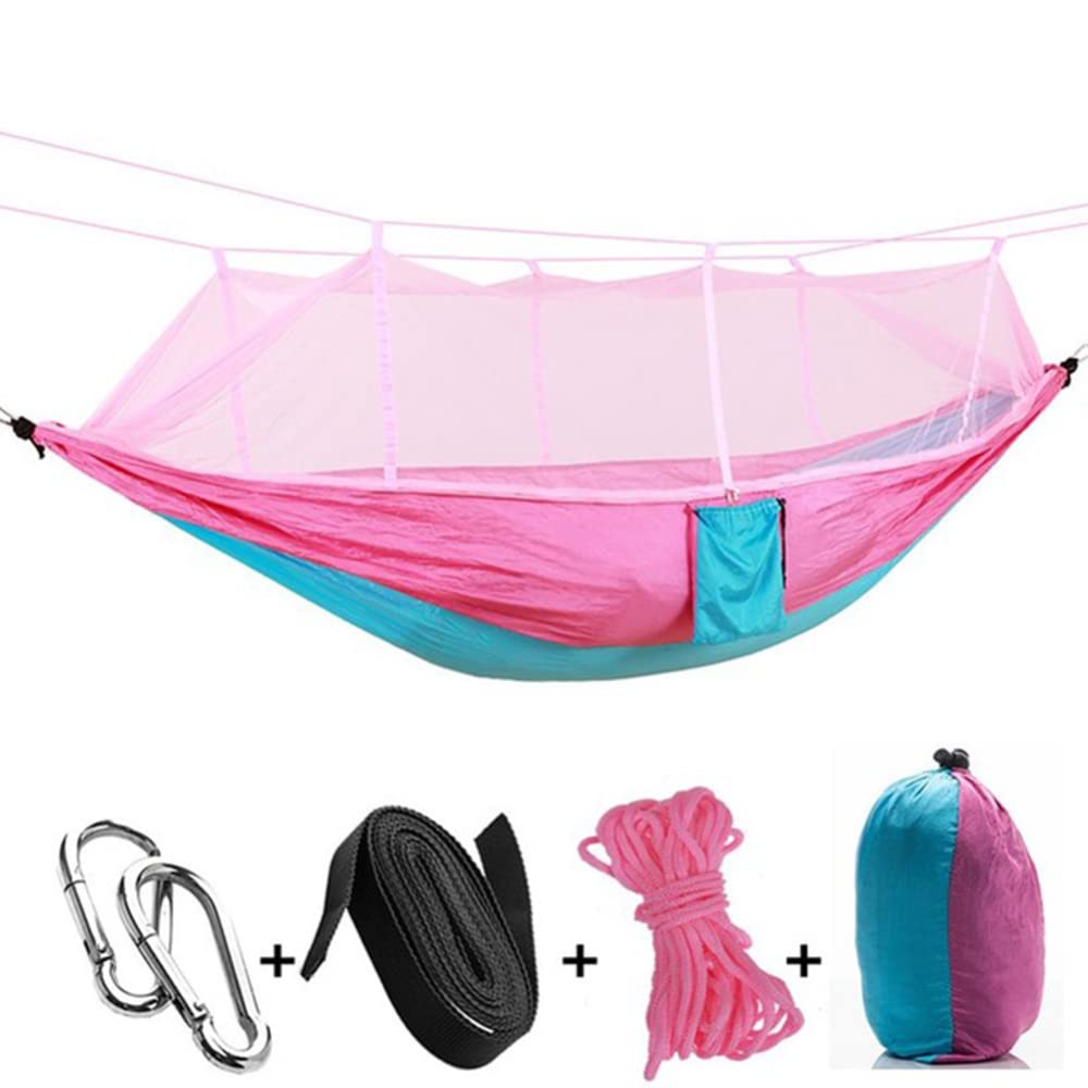 Lightweight Camping Hammock with Mosquito Net & Straps - Pink/Blue for Outdoor, Beach, Backyard