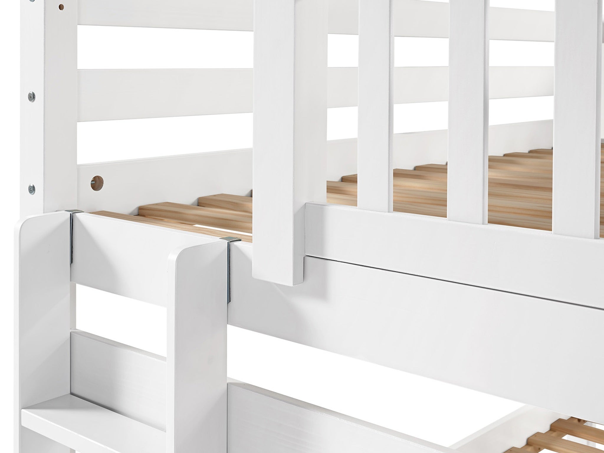 Twin Over Twin Bunk Bed with End Ladder & Trundle - White | Space-Saving Kids Bedroom Furniture for Small Rooms & Shared Spaces