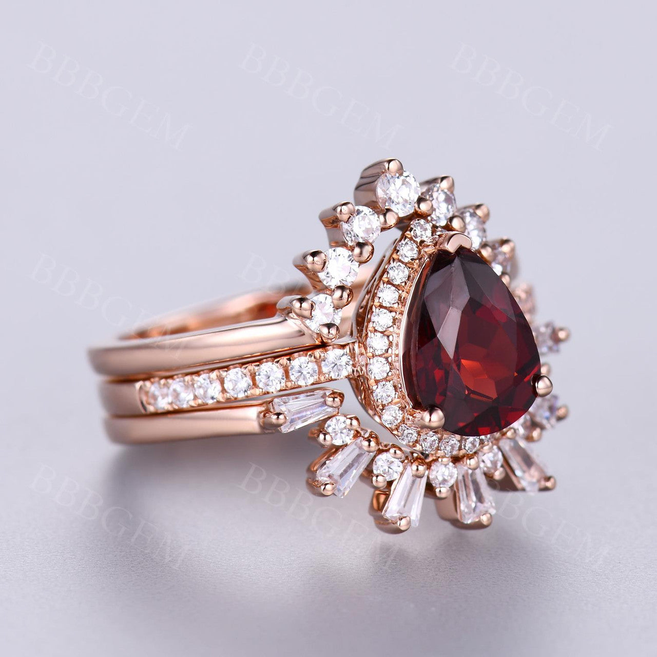 3Pcs Pear Garnet Vintage Engagement Ring Wedding Set - 1.2 Carat Diamond Band for Women, Bridal Jewelry, Anniversary Gift, Proposal & Special Occasions