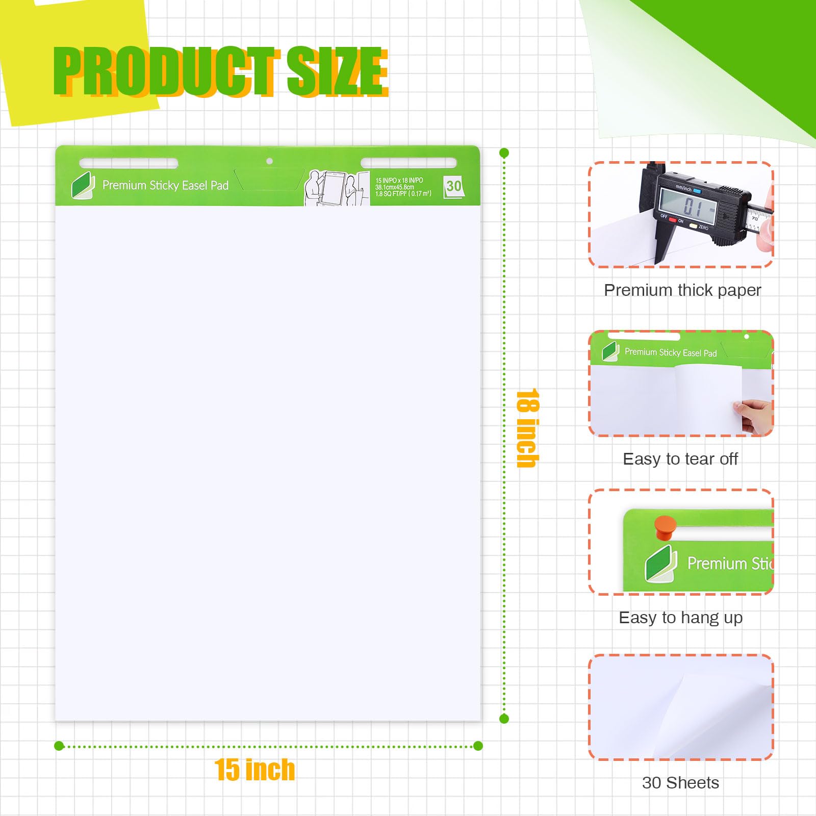 ReliThick 20 Pads Premium Mini Sticky Easel Pad - 15x18 Inch White Flip Chart Paper, 30 Sheets/Pad - Self Stick Anchor Chart Paper for Teachers & Office Use - Perfect for Classroom Presentations, Brainstorming & Meetings (Green)