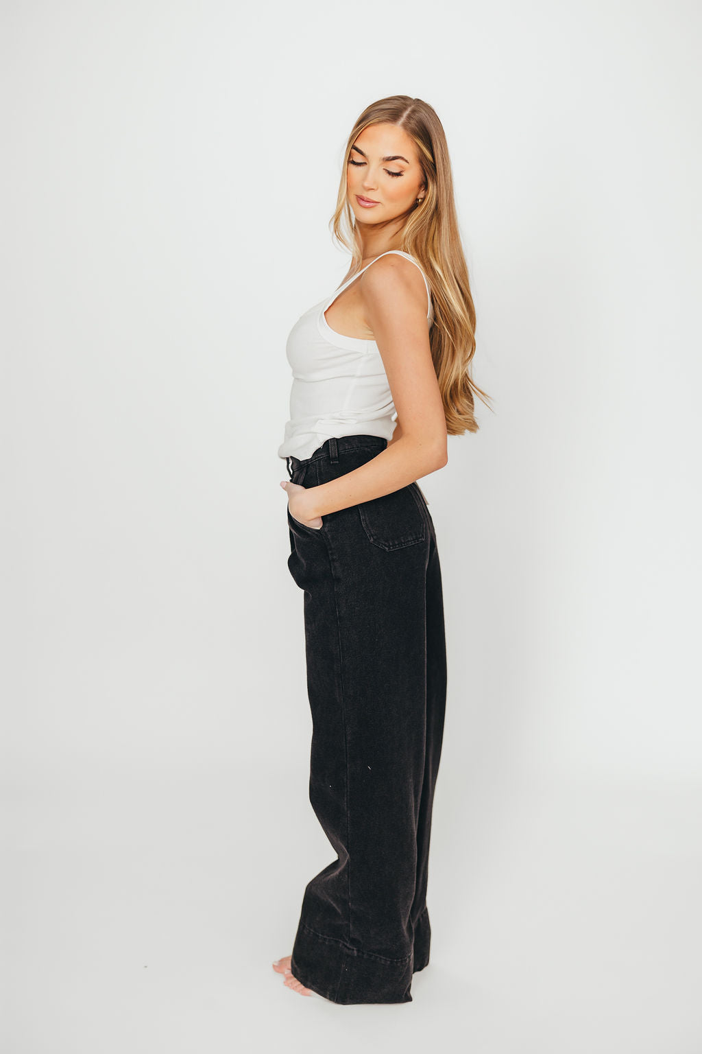 Anna High Rise Pleated Palazzo Pants for Women - Washed Black Wide Leg Trousers | Comfortable Office Pants & Casual Lounge Wear for Work, Travel & Everyday Outfits