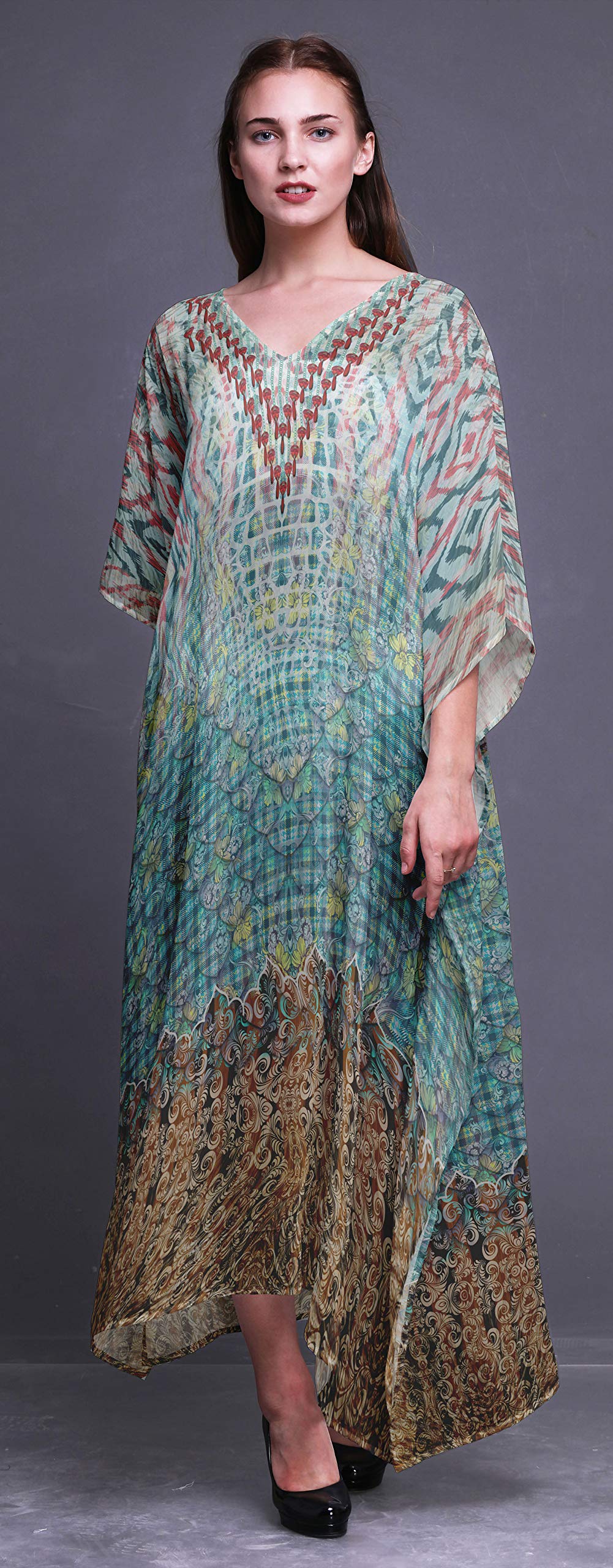 Floral & Damask Ethnic Beach Kaftan - Women's Maxi Dress Long Bikini Cover Up for Summer Vacation, Pool Party & Boho Fashion