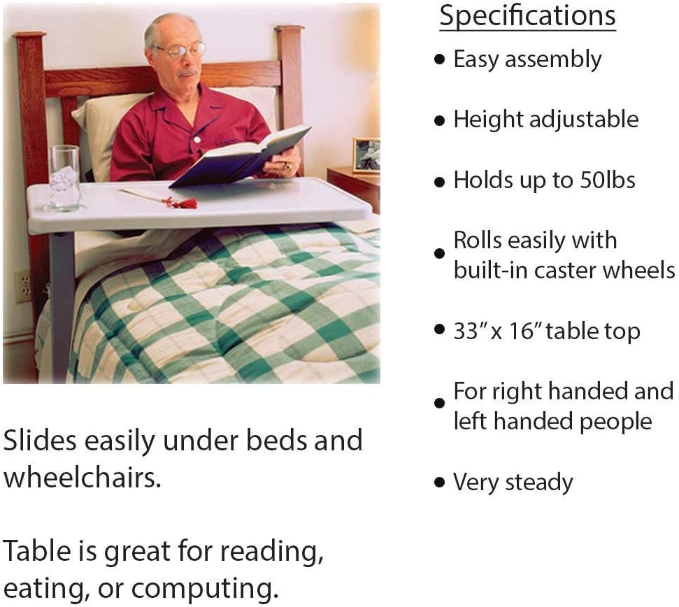Adjustable Overbed Table with Wheels - Portable Hospital Bedside Table for Home & Medical Use - Rolling Over The Bed Desk for Eating, Working, Reading in Bed or Recovery