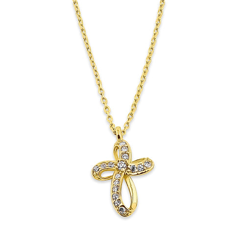 14K Solid Yellow Gold Ribbon Cross Necklace with CZ Stones - Elegant Religious Jewelry for Women, Perfect for Church, Weddings & Everyday Wear