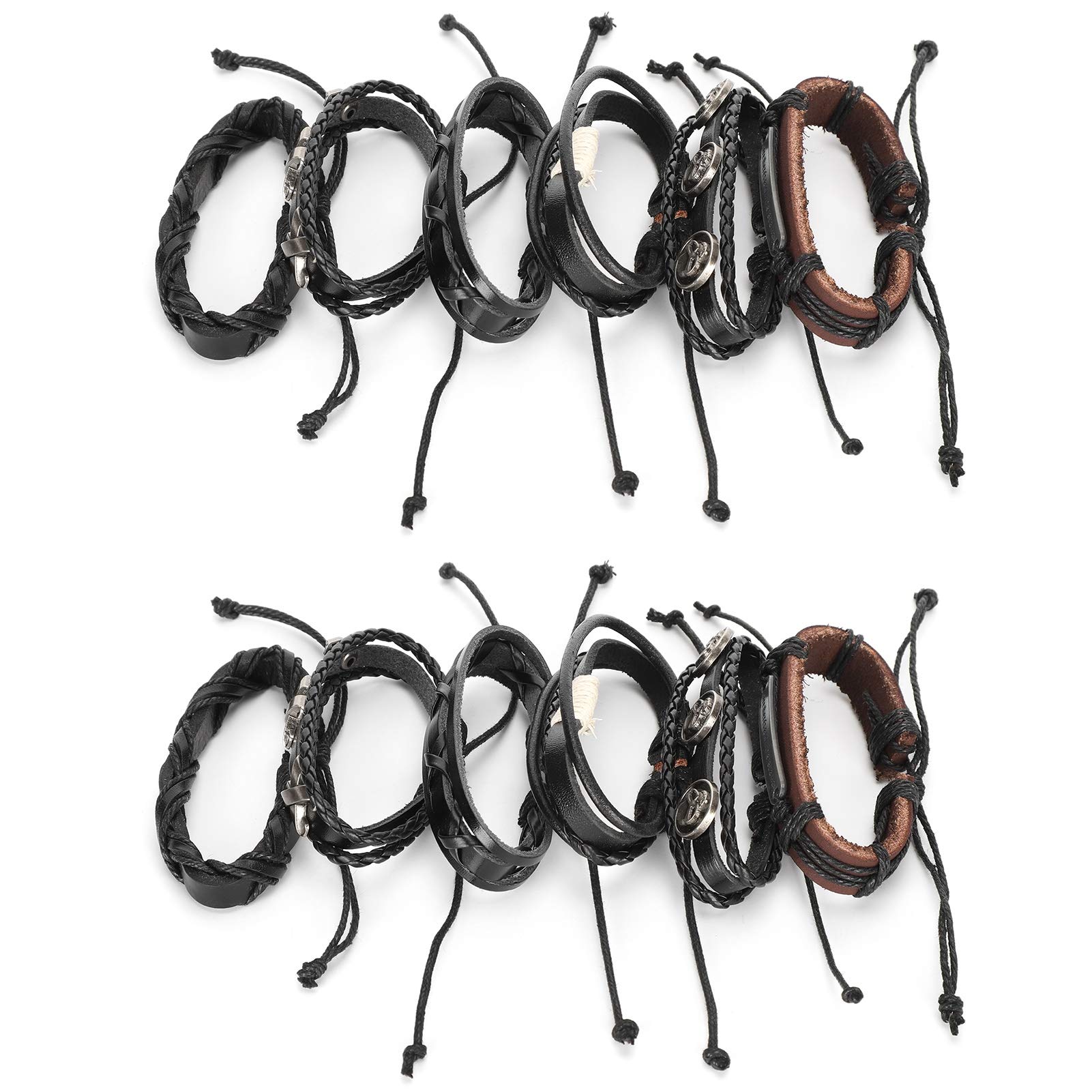 Vintage Leather Bracelets for Men & Women - 12Pcs Adjustable Split Leather Unisex Wristbands, Hand Woven Boho Wrist Accessories - Perfect for Casual Wear, Music Festivals & Gift Giving
