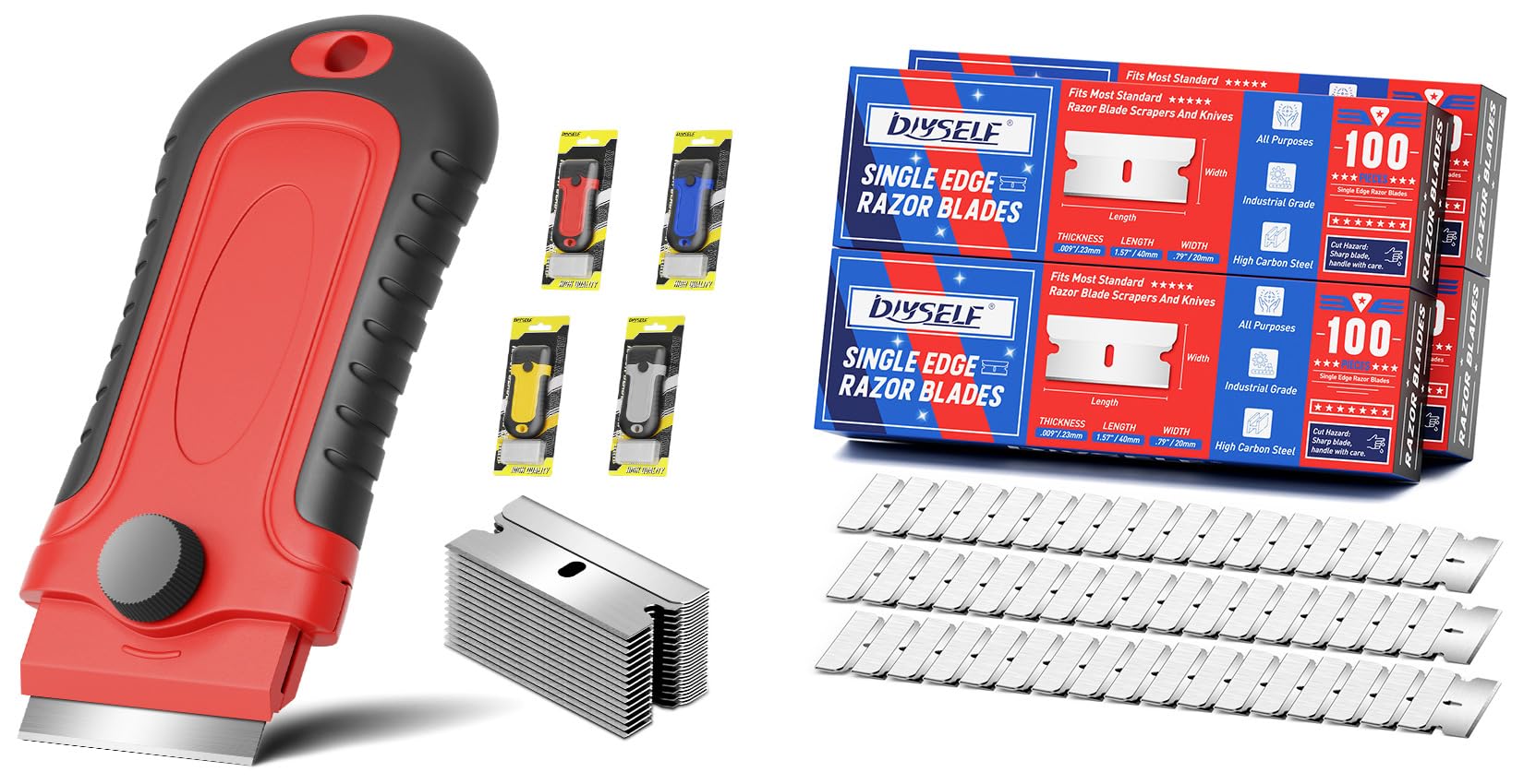 DIYSELF 1 Pack Heavy Duty Razor Blade Scraper (Red) with 400 Pcs Premium Single Edge Replacement Blades - Perfect for Window Cleaning, Paint Removal, Crafting and DIY Projects