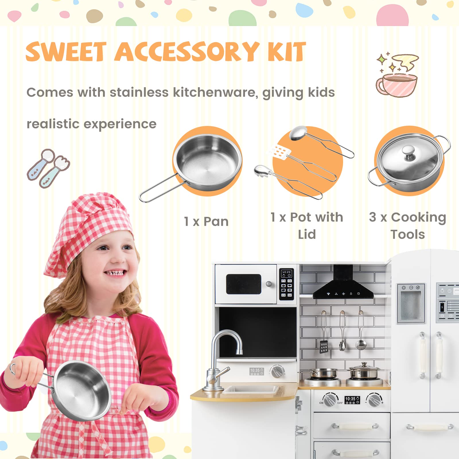 HONEY JOY Wooden Play Kitchen Set for Toddlers - Pretend Play Toy with Microwave, Refrigerator, Water Dispenser & Cookware - Little Chef Role Play Kitchen for Boys & Girls - Perfect for Home, Preschool & Daycare Pretend Cooking Activities