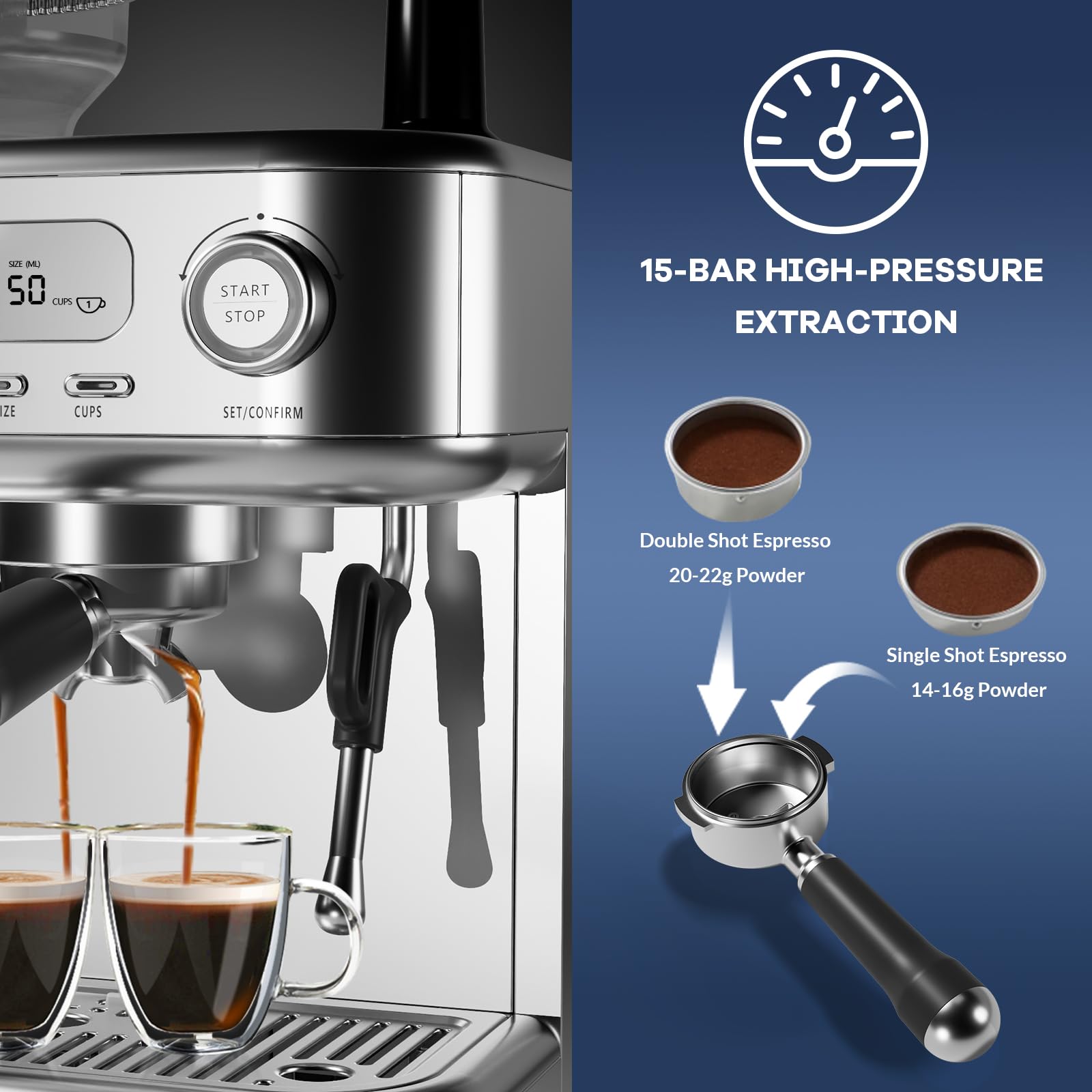 Semi-Automatic Espresso Machine with Built-in Grinder & Milk Frother - 78oz Removable Water Tank, LCD Display for Perfect Cappuccino & Latte - Ideal for Home Baristas & Coffee Shops