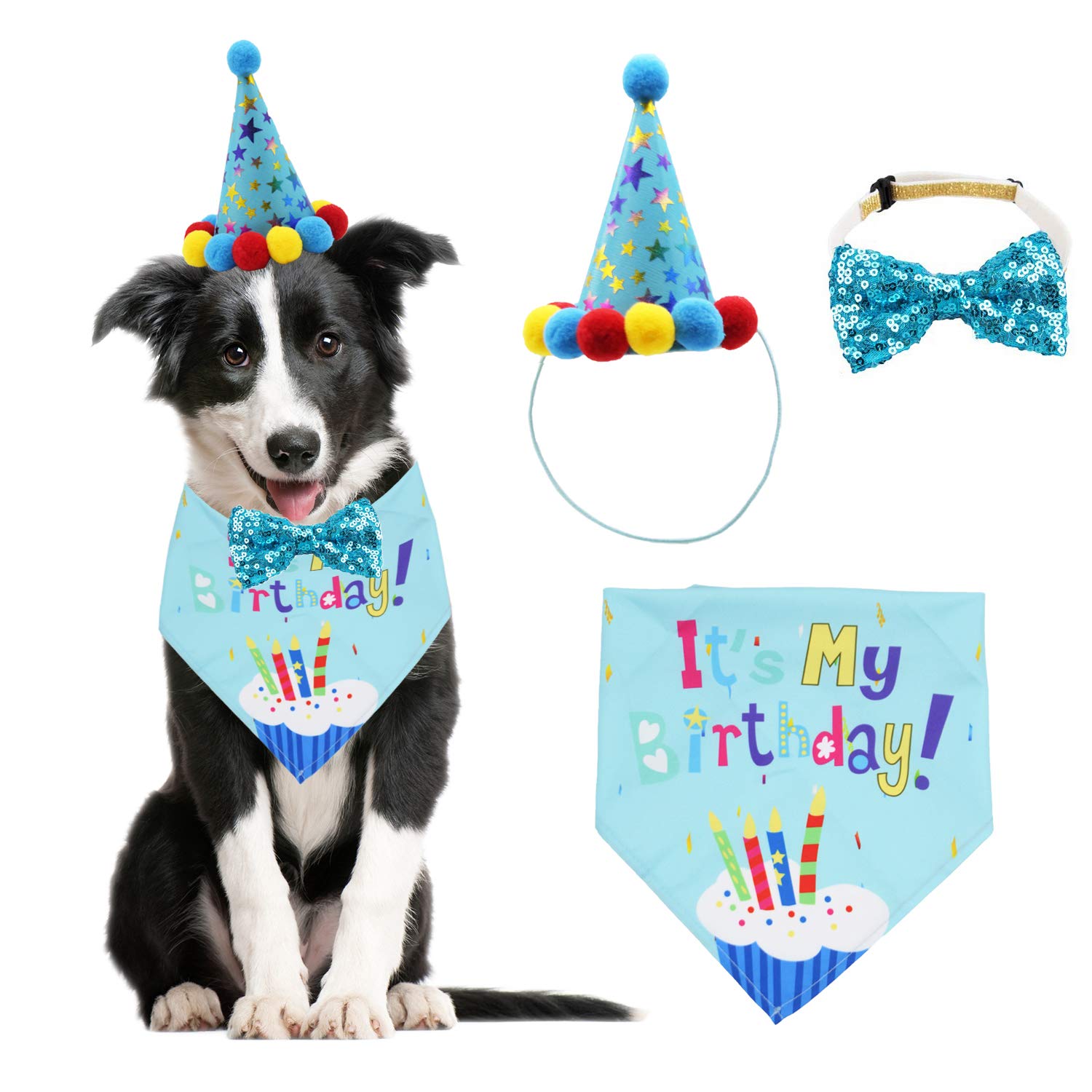 ADOGGYGO Dog Birthday Bandana Scarf & Party Hat Set with Bow Tie - Cute Pet Costume for Small Medium Large XL Dogs - Perfect for Birthday Parties & Photo Shoots