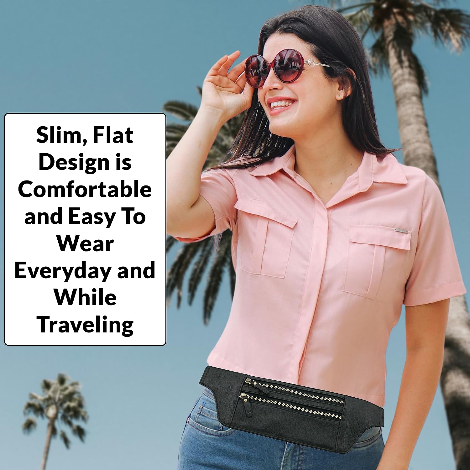 Skyway Leather Travel Money Belt - Hidden RFID Blocking Waist Pack for Men & Women | Slim & Secure Fanny Pack for Travel, Hiking & Daily Use