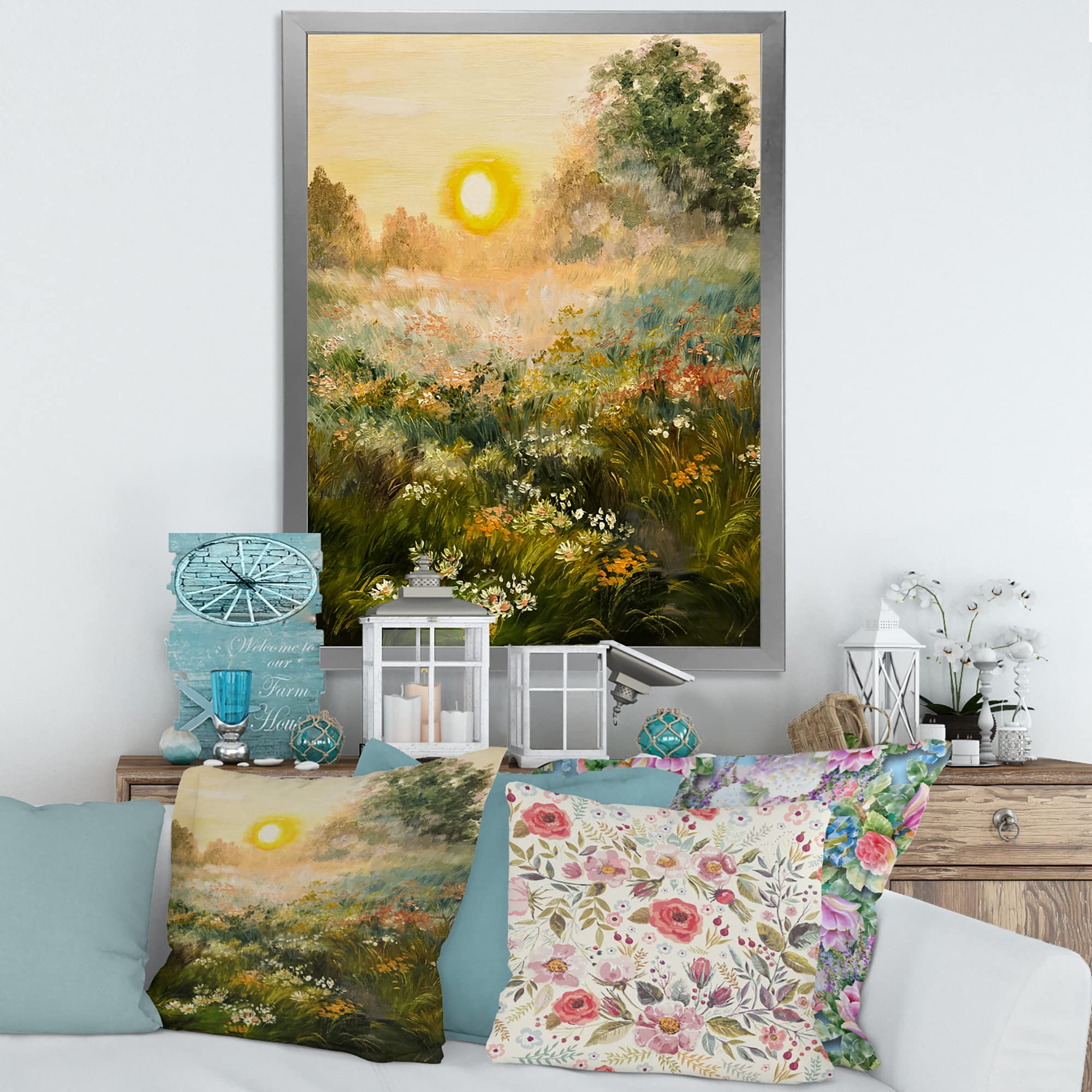 Sunrise in the Blossoming Field - Farmhouse Framed Wall Art Decor for Living Room, Bedroom & Office - Rustic Landscape Painting for Home Interior Design