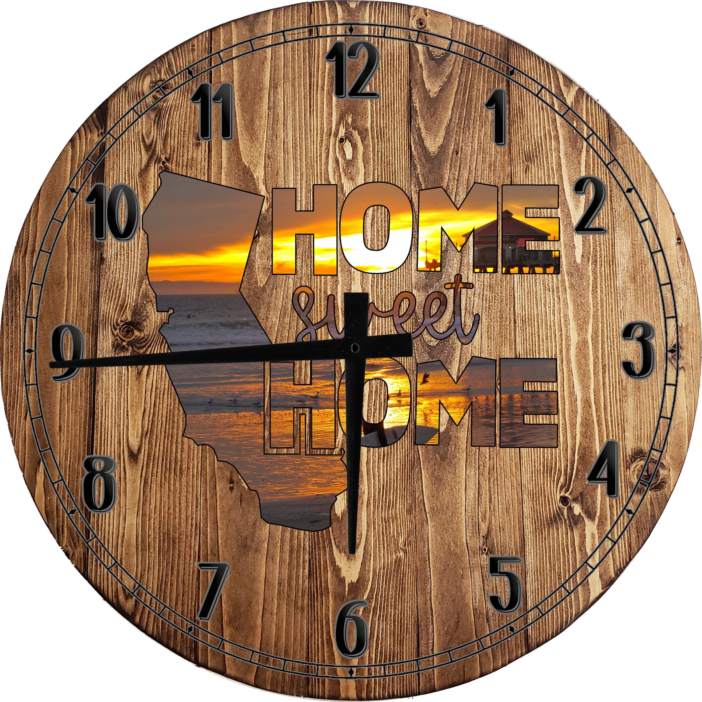12 Inch Large Round Wood Wall Clock - Beachy Wall Art Decor with California Beach Waves Design for Home Sweet Home | Perfect for Coastal, Nautical & Boho Living Room, Bedroom, or Office Decor