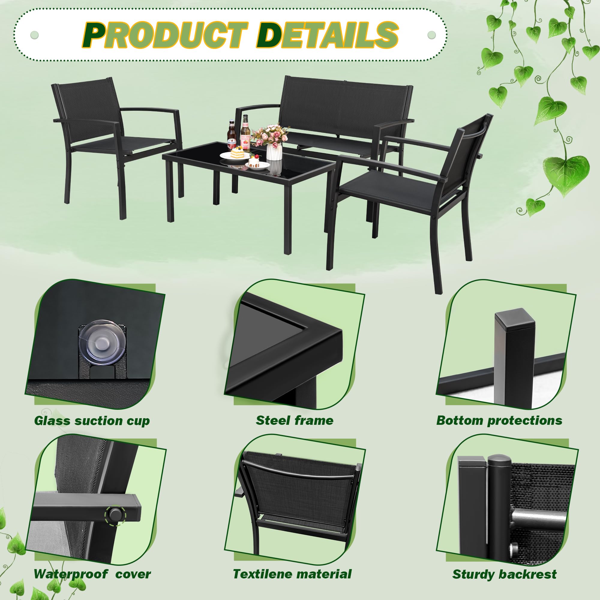 Tuoze 4-Piece Outdoor Patio Furniture Set with Glass Coffee Table - Black Bistro Conversation Set for Garden, Yard, Lawn & Balcony | Perfect for Relaxing, Entertaining & Outdoor Dining