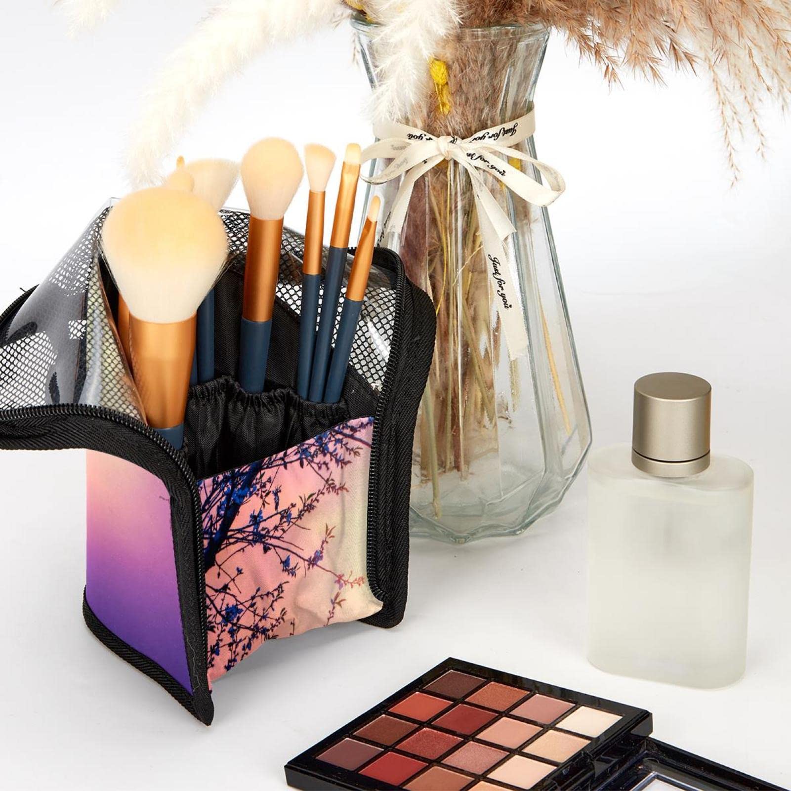 Premium 12-Piece Makeup Brush Organizer Bag with Floral Tree Sunset Design - Portable Travel Cosmetic Brush Holder Case for Professional Artists & Home Use
