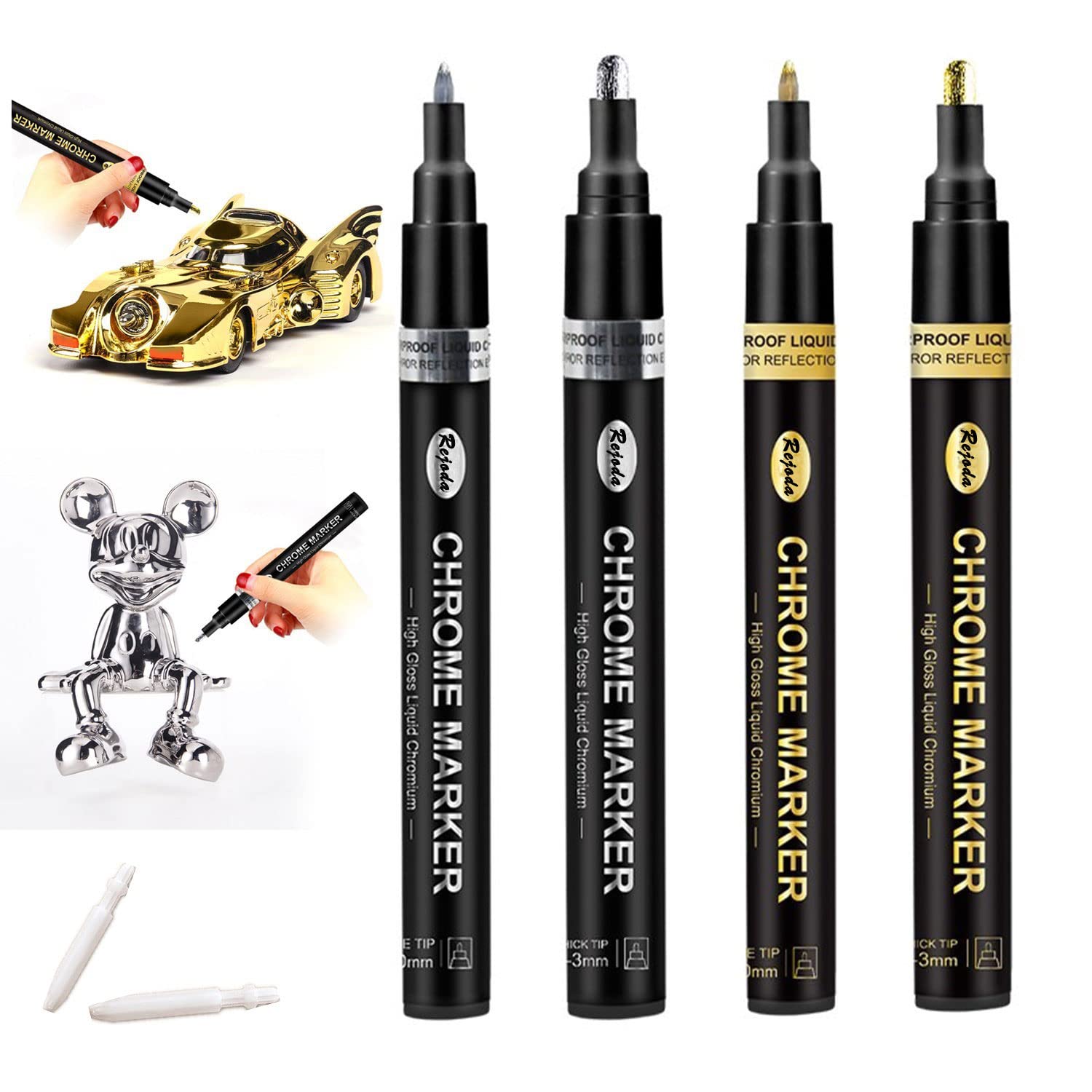 4 Pack Mirror Paint Markers - Liquid Chrome Pens in Gold & Silver - Waterproof Reflective Gloss Paint for Model Painting, DIY Art Projects, Sign Making & Glass Decor - Perfect for Crafts, Nail Art & Home Decoration