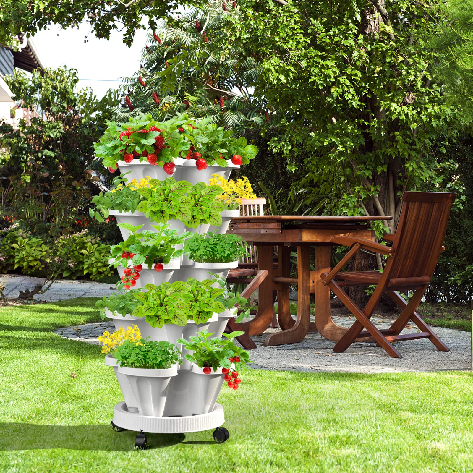7-Tier Strawberry Vertical Planter with Support Pole - Stackable Herb & Vegetable Garden for Indoor/Outdoor Use - White - Perfect for Small Spaces, Balconies & Urban Gardening