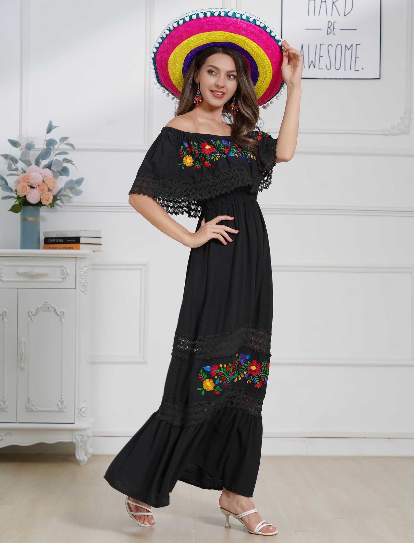 Mexican Floral Embroidered Off-Shoulder Long Maxi Dress for Women - Summer Boho Beach Dress, Casual Party Wear & Vacation Outfit