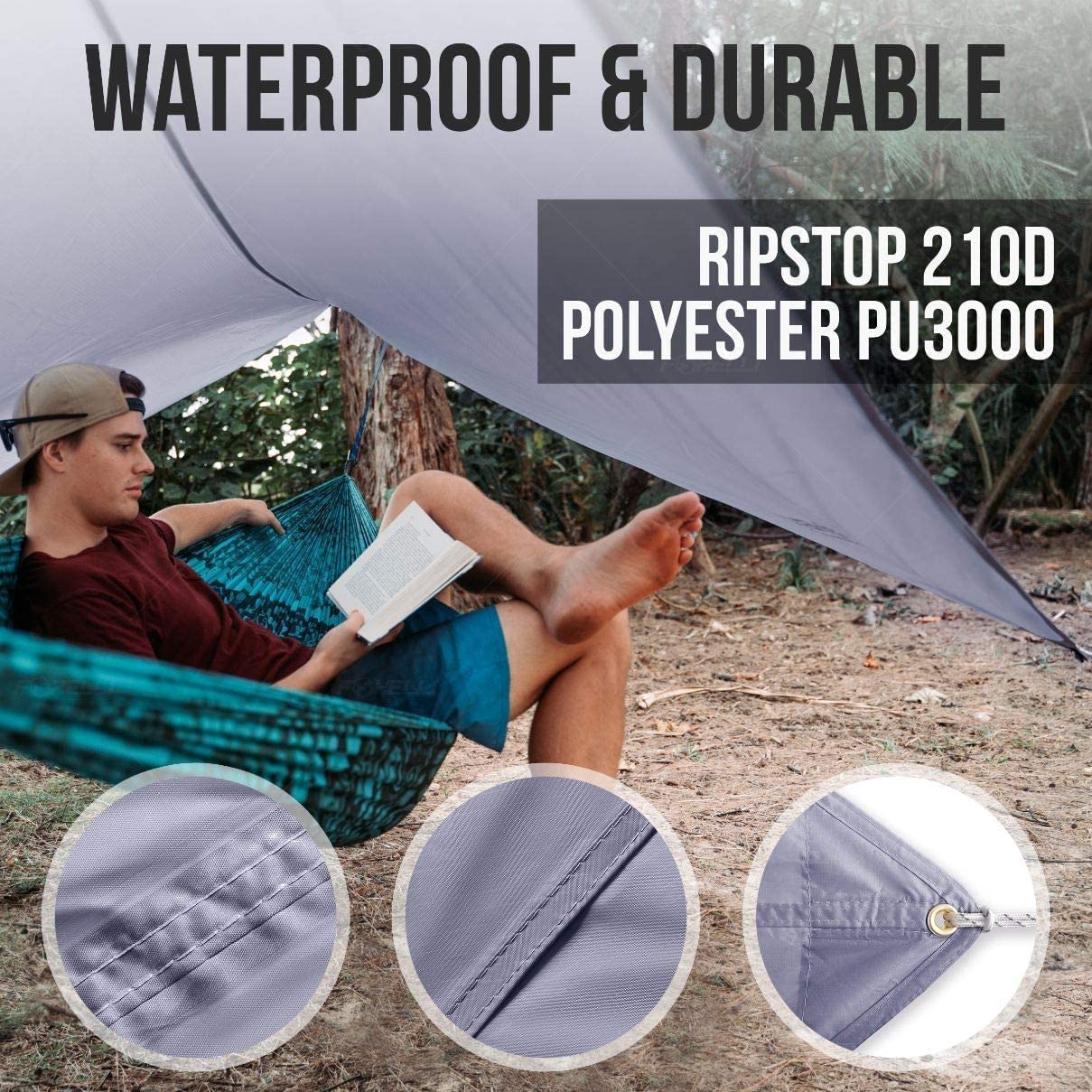 Foxelli Camping Hammock Set - Lightweight Portable Hammock with Rain Fly Tarp, XL Tree Straps & Mosquito Net - Perfect for Backpacking, Hiking and Outdoor Adventures
