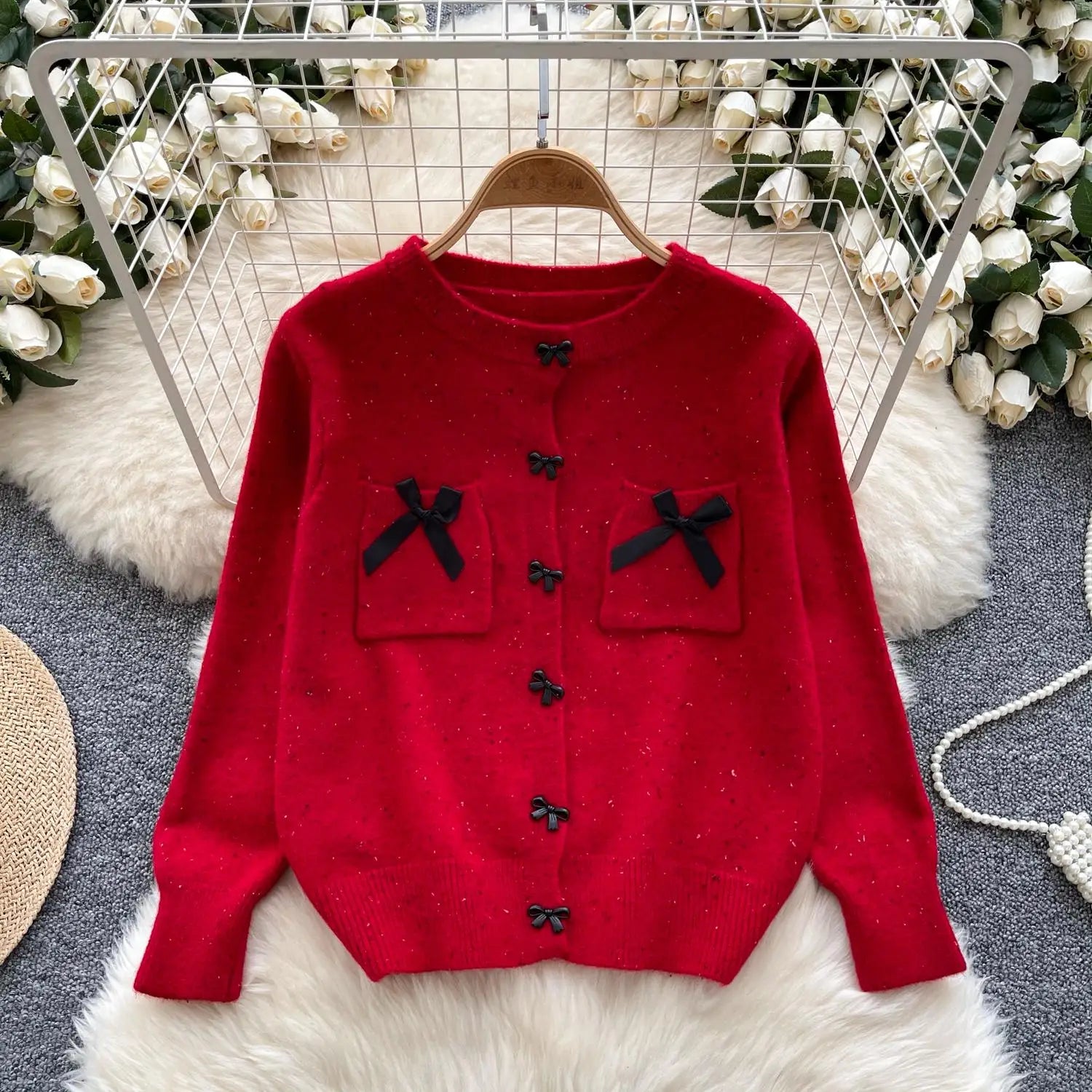2024 Trendy Women's Vintage Red Pink Knit Sweater - Elegant Round Neck Long Sleeve Bow Detail Winter Top | Perfect for Office, Dating & Holiday Outfits