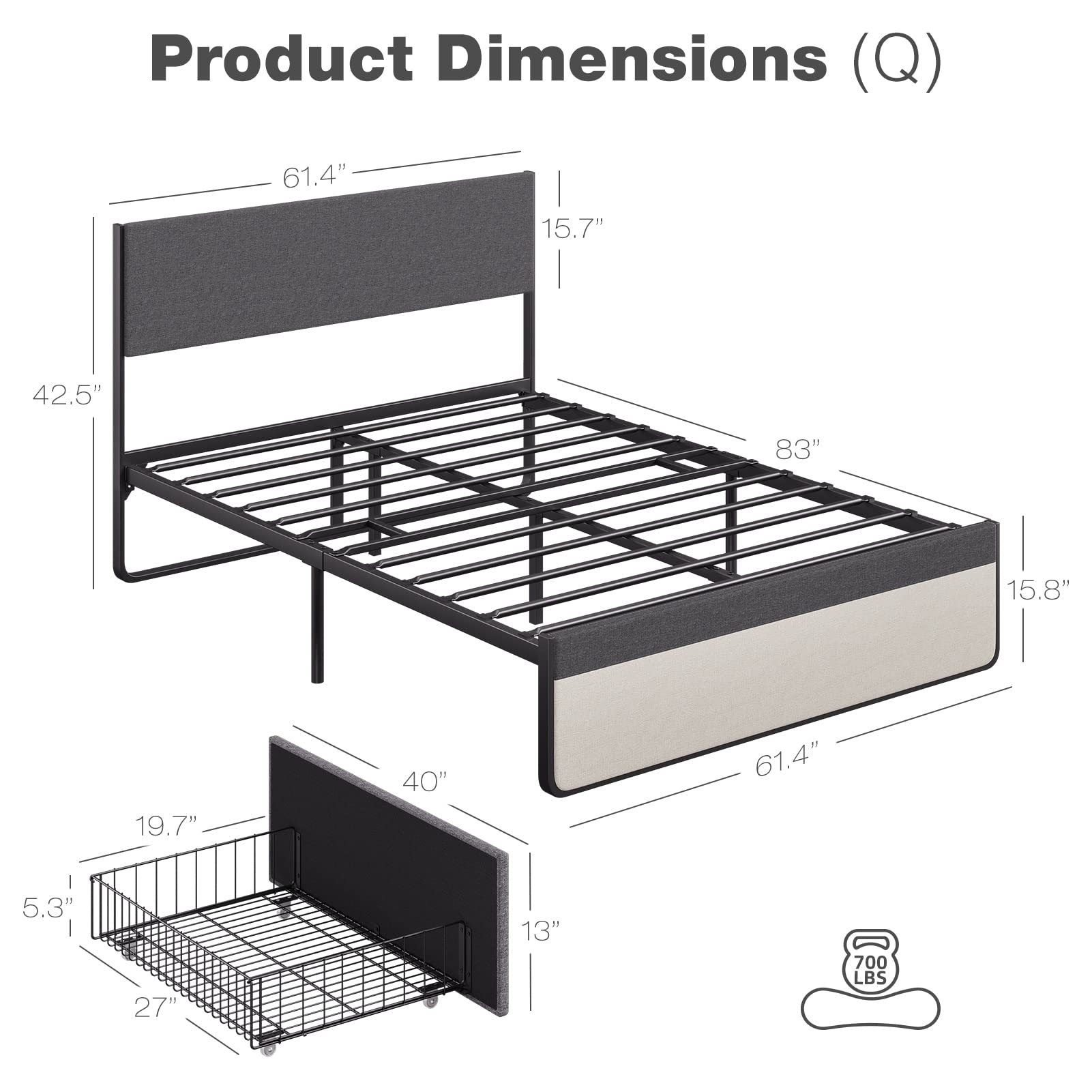 IDEALHOUSE Queen Size Bed Frame with 2 Storage Drawers - Upholstered Platform Bed with Headboard & Steel Slat Support, No Box Spring Needed - Perfect for Small Bedrooms & Guest Rooms