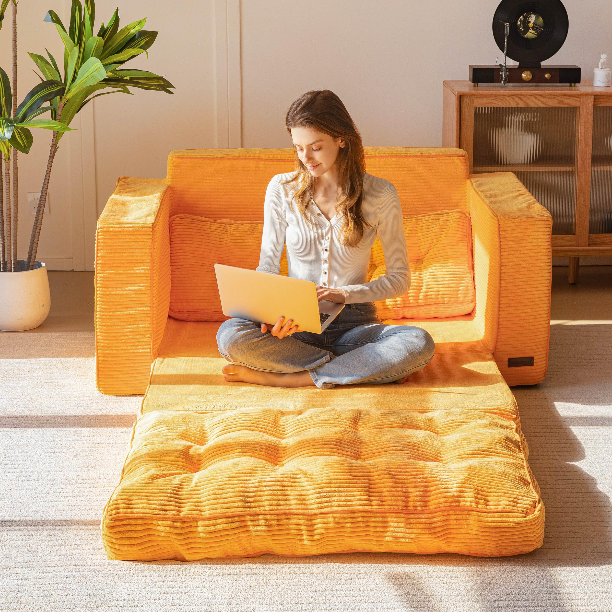 MAXYOYO Convertible Sofa Bed - Pull Out Loveseat Sleeper Sofa with Storage, Orange | Space Saving Multi-Functional Furniture for Small Apartments, Guest Rooms & Home Offices