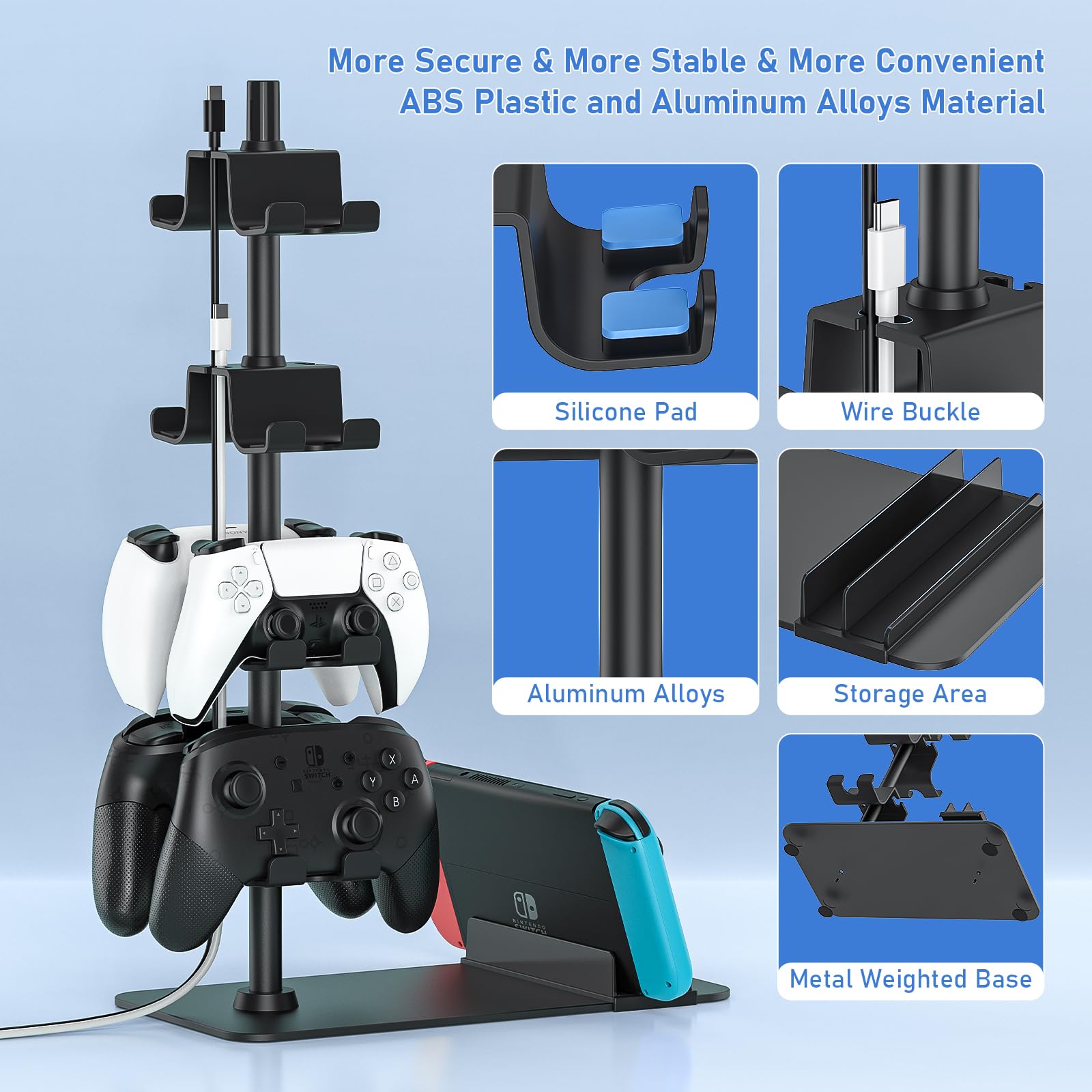 Xbox PS5 PS4 Switch Controller Holder Stand - 8 Gaming Controller Organizer Rack for Desk with Headset/iPad/Phone Storage - Perfect Gaming Room Accessories & Gifts for Gamers - Ideal for Game Room Setup, Streaming Station & Console Organization