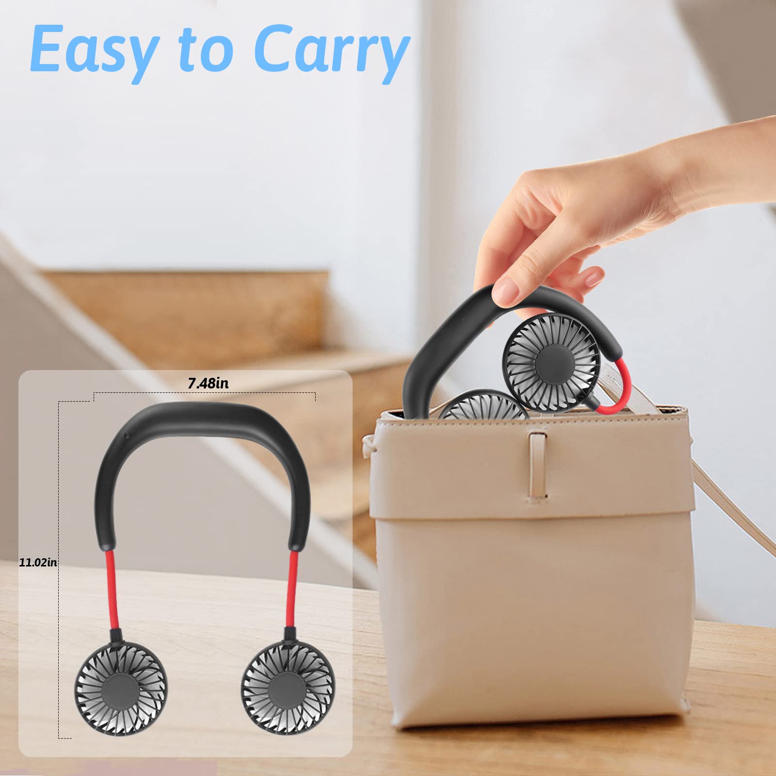 Rechargeable Neck Fan - Hands-Free Wearable Mini Fan with 2500mAh USB Battery, Dual Head Personal Cooling Fan for Office, Travel, Outdoor Sports & Home Use - Perfect for Working, Reading, Gym & Summer Activities