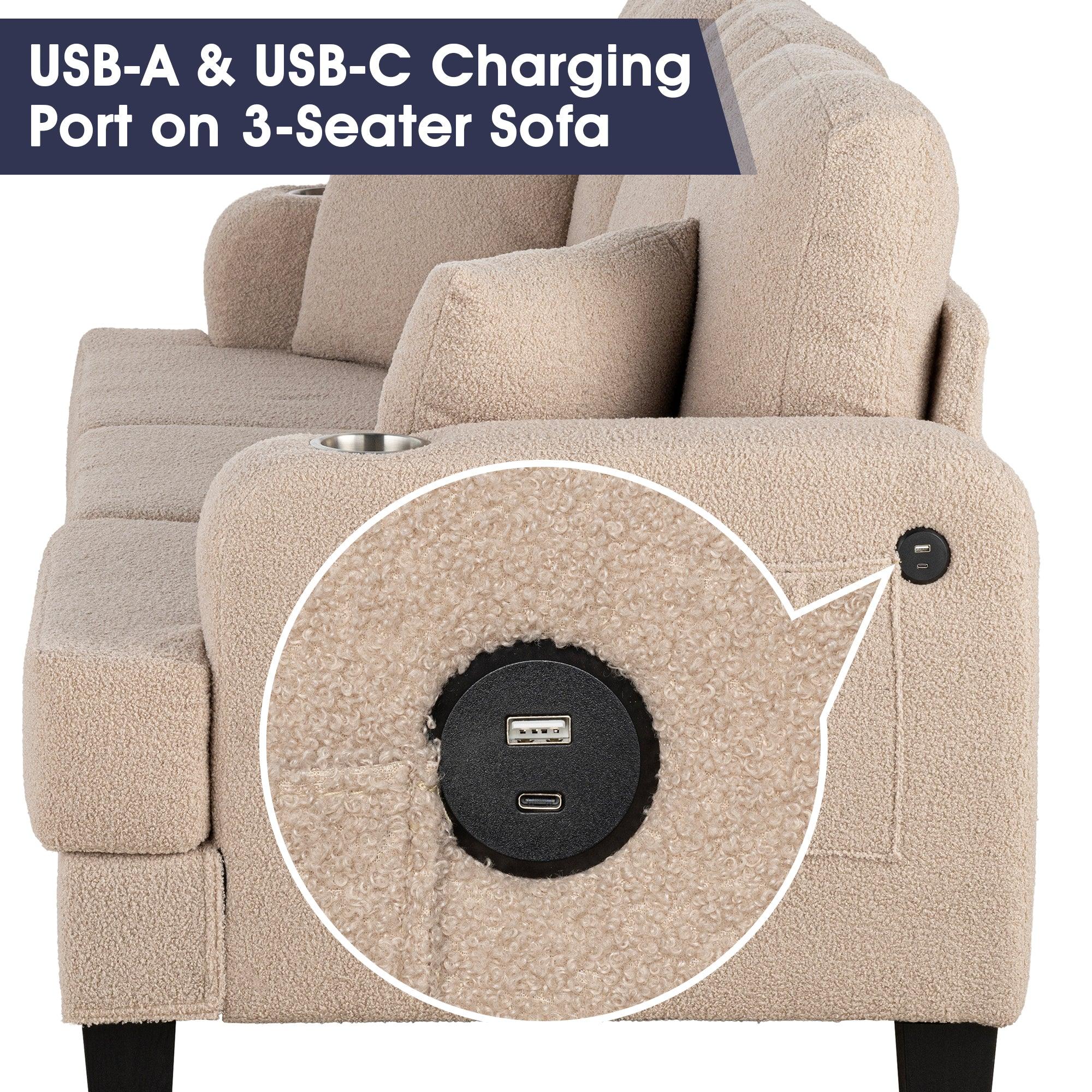 Beige 3-Piece Sofa Set with Storage Ottoman & USB Charging Ports - Modern Living Room Furniture for Small Spaces, Apartments & Home Theater Seating