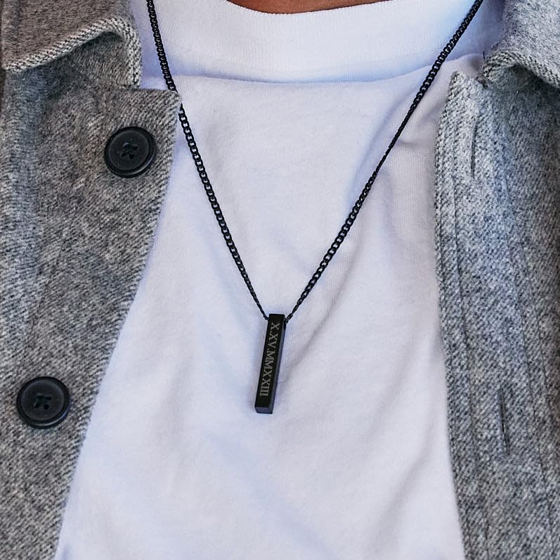 EVE'S ADDICTION Engraved Roman Numeral Date Men's Black Vertical Square Pendant Necklace - Personalized Pillar Pendant for Graduation, Father's Day & Special Occasions - Perfect Gift for Him, Boyfriend or Husband - Birthday, Anniversary & Christmas Present Idea