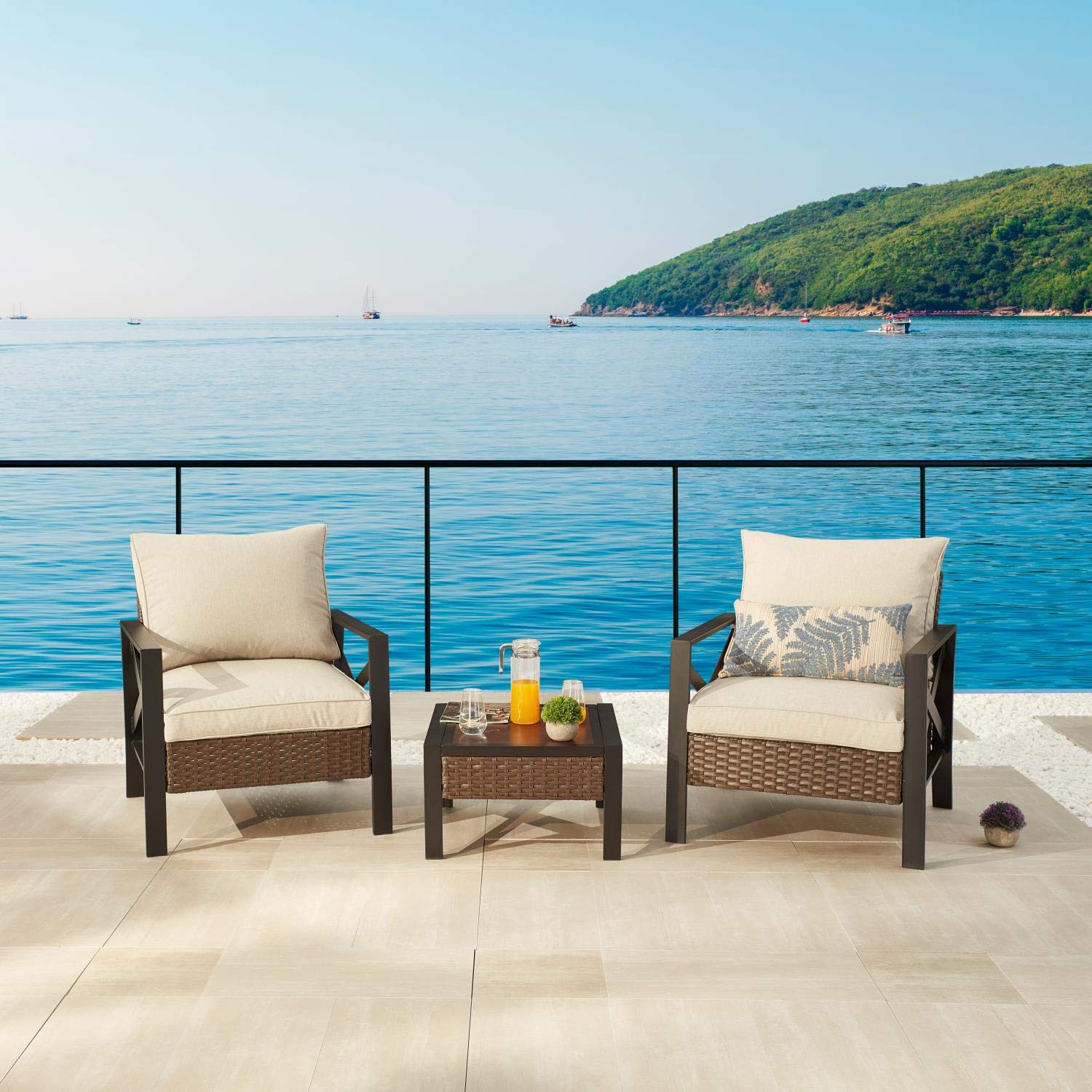 PatioFestival 3-Piece Wicker Rattan Bistro Set - Outdoor Steel Frame Conversation Furniture with 2 Cushioned Chairs & Coffee Table - Perfect for Backyard, Garden, Poolside, Lawn or Patio Relaxation