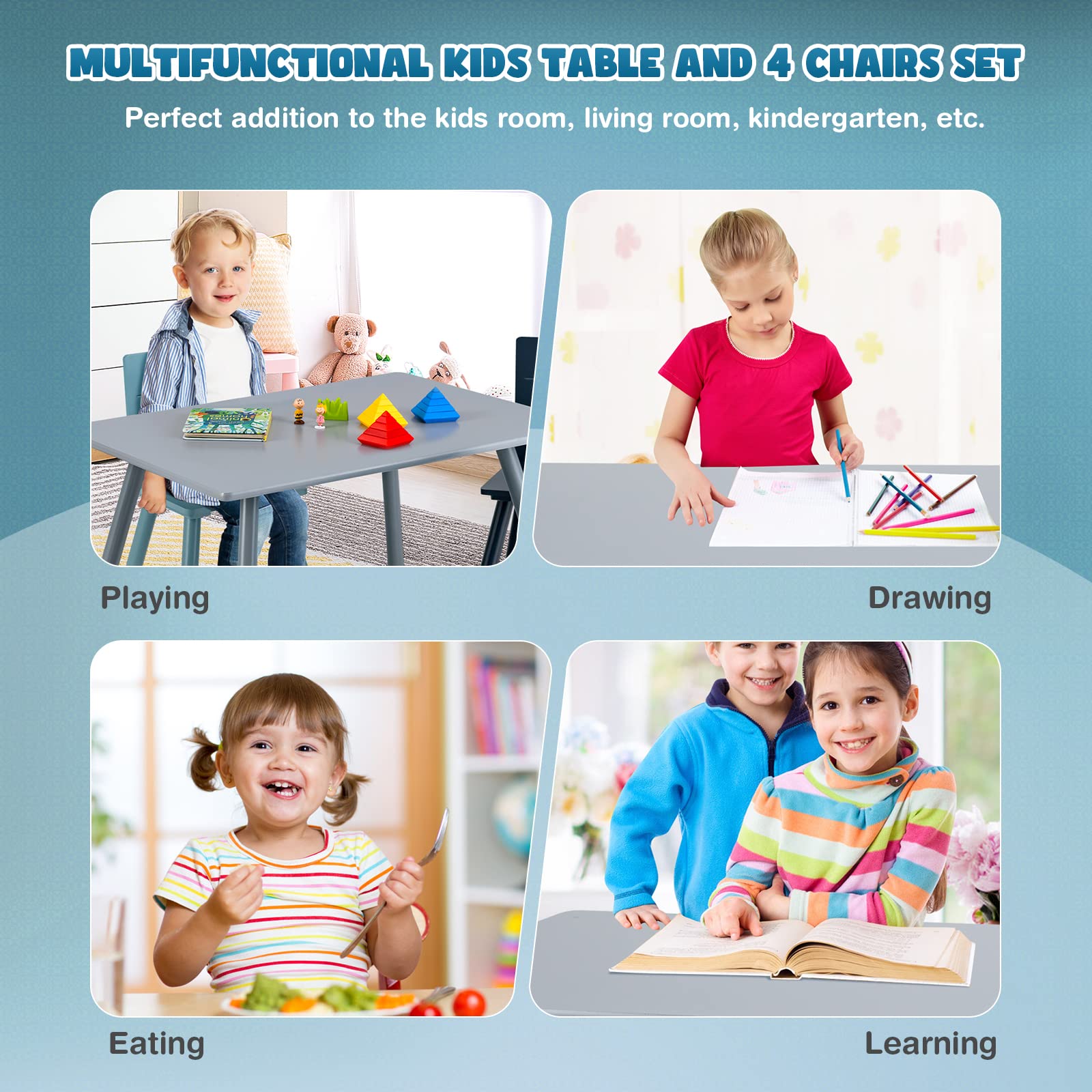 HONEY JOY Kids Table and Chair Set - 5 Piece Pine Wood Toddler Furniture with Building Blocks, Blue Children's Table & 4 Chairs for Daycare, Classroom, Playroom - Perfect Gift for Boys & Girls | Ideal for Learning, Playtime & Creative Activities