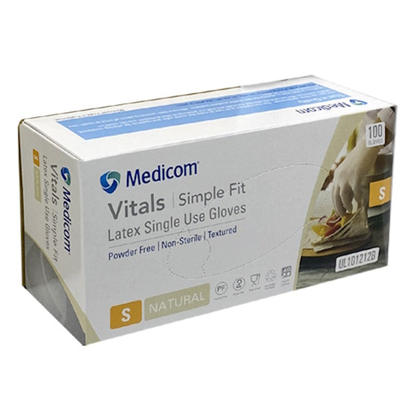 Medicom Vitals Latex Disposable Gloves - 100 Count Box, Powder Free & Clear for Medical, Dental, Food Service & Home Use | Latex Exam Gloves for Healthcare Professionals & Personal Protection