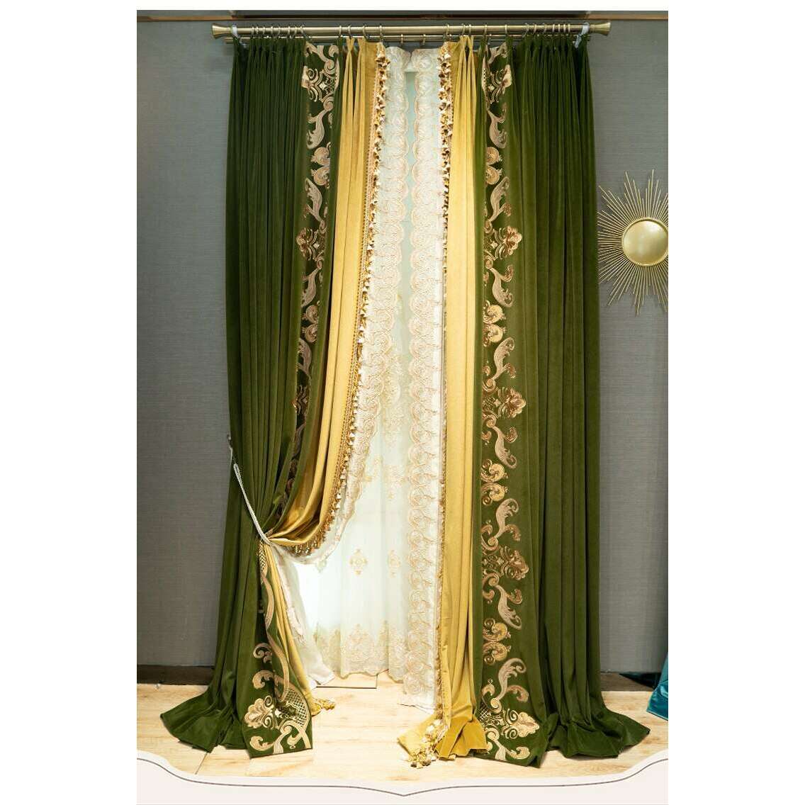 Luxury Brittany Designer Velvet Curtains - Lush Green & Yellow for Living Room, Bedroom & Home Decor