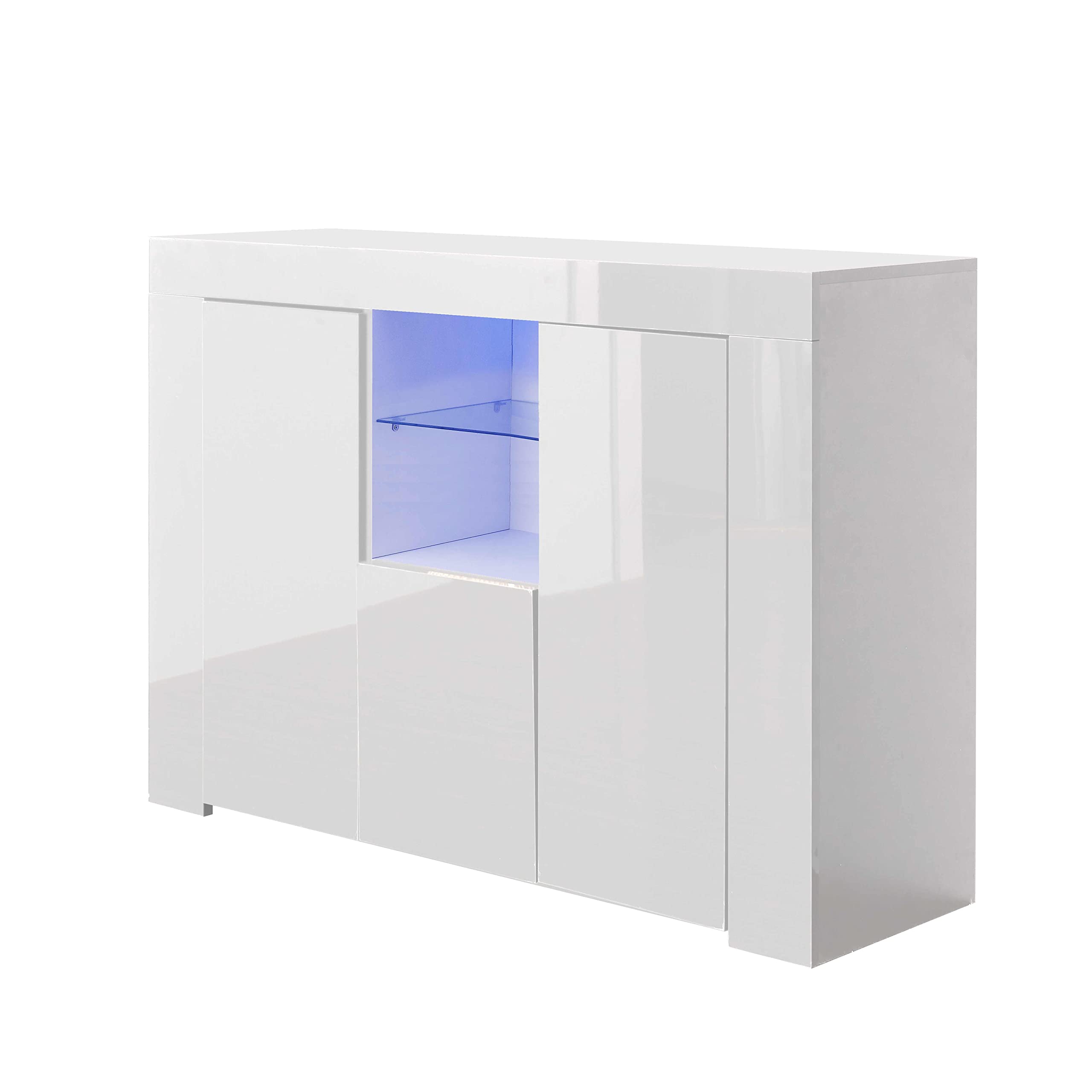 Beyamis Modern White High Gloss Kitchen Sideboard with LED Lights - Dining Room Buffet Cabinet, Hallway Storage, Living Room TV Stand with 2 Doors & Drawers - Perfect for Home Decor & Entertaining