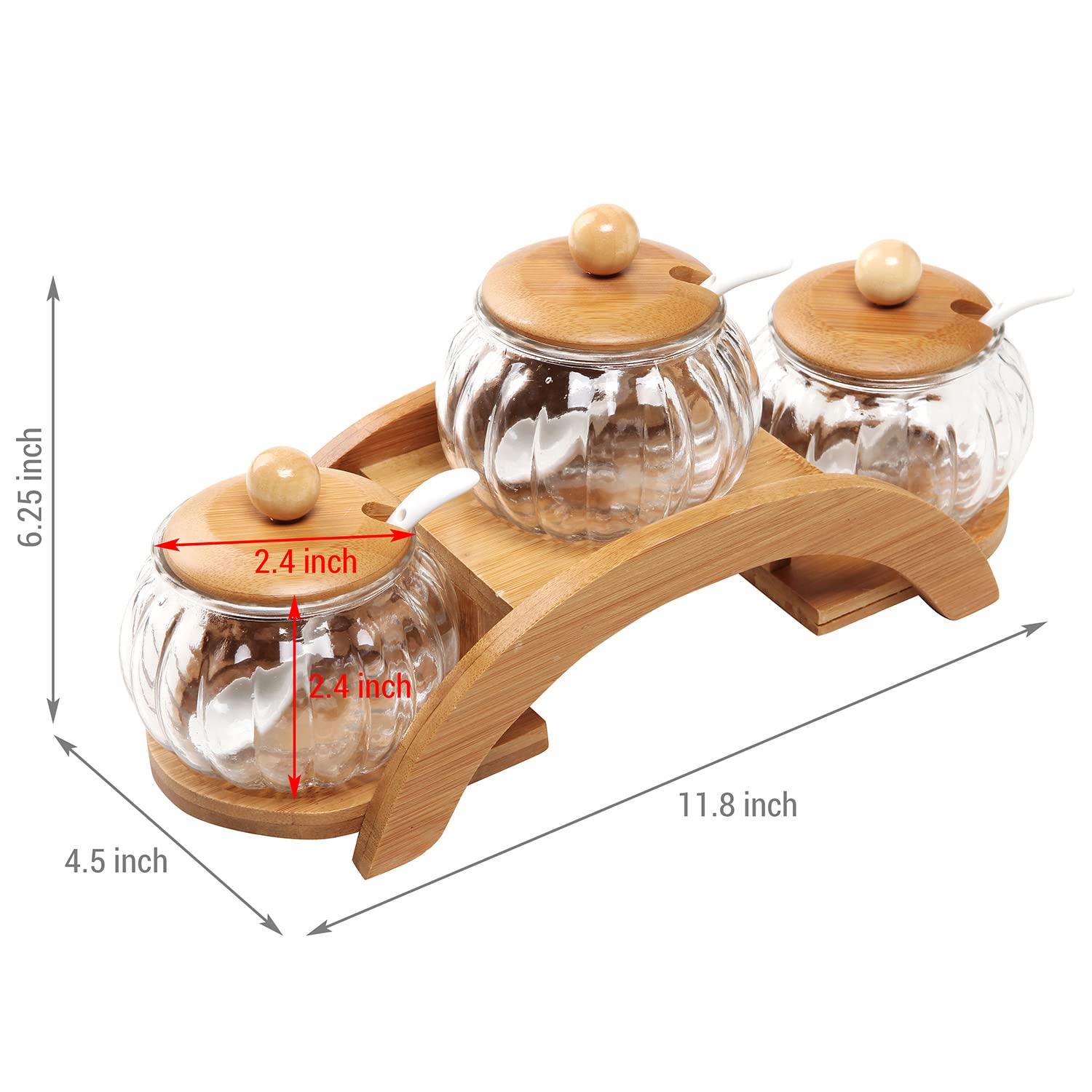 **MyGift 7.5 oz Condiment Bowls Set - 3 Tiered Bamboo Serving Tray with Arch Design, Clear Glass Bowls, Bamboo Lids & Ceramic Spoons - 10-Piece Kitchen Serving Set for Parties, Entertaining & Home Decor**