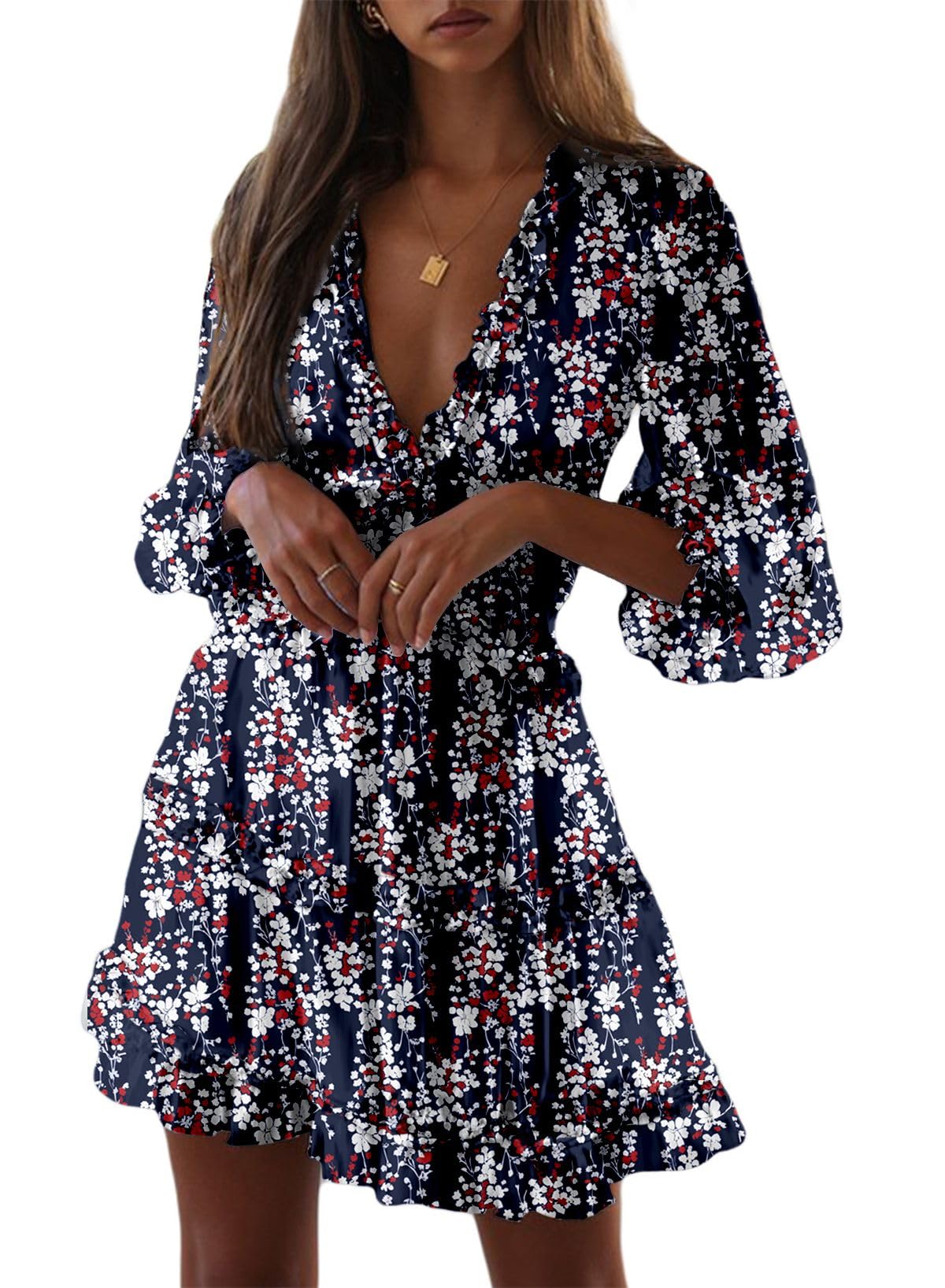 Dokotoo Women's Deep V Neck Long Sleeve Backless Floral Ruffle Mini Dress - Spring Summer 2025 Flowy Party Cocktail Dress for Date Night & Beach Vacation