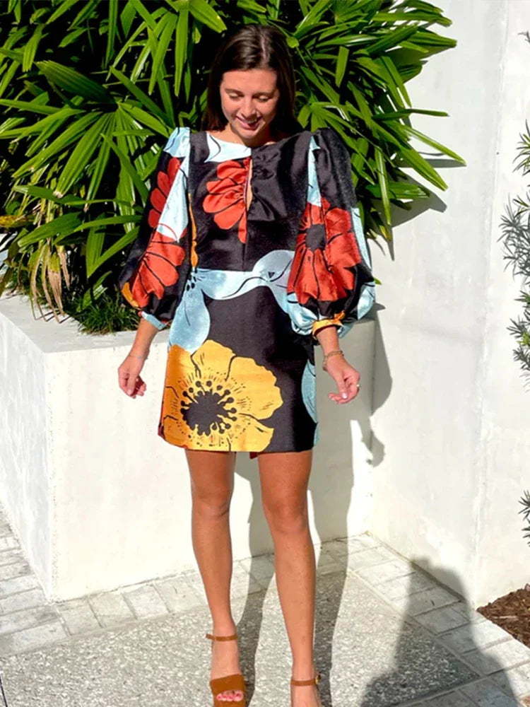Elegant Backless Floral Mini Dress for Women - Summer Beach Party Dress with Long Lantern Sleeves & Chic O-Neck Design | Perfect for Vacations, Date Nights & Cocktail Parties