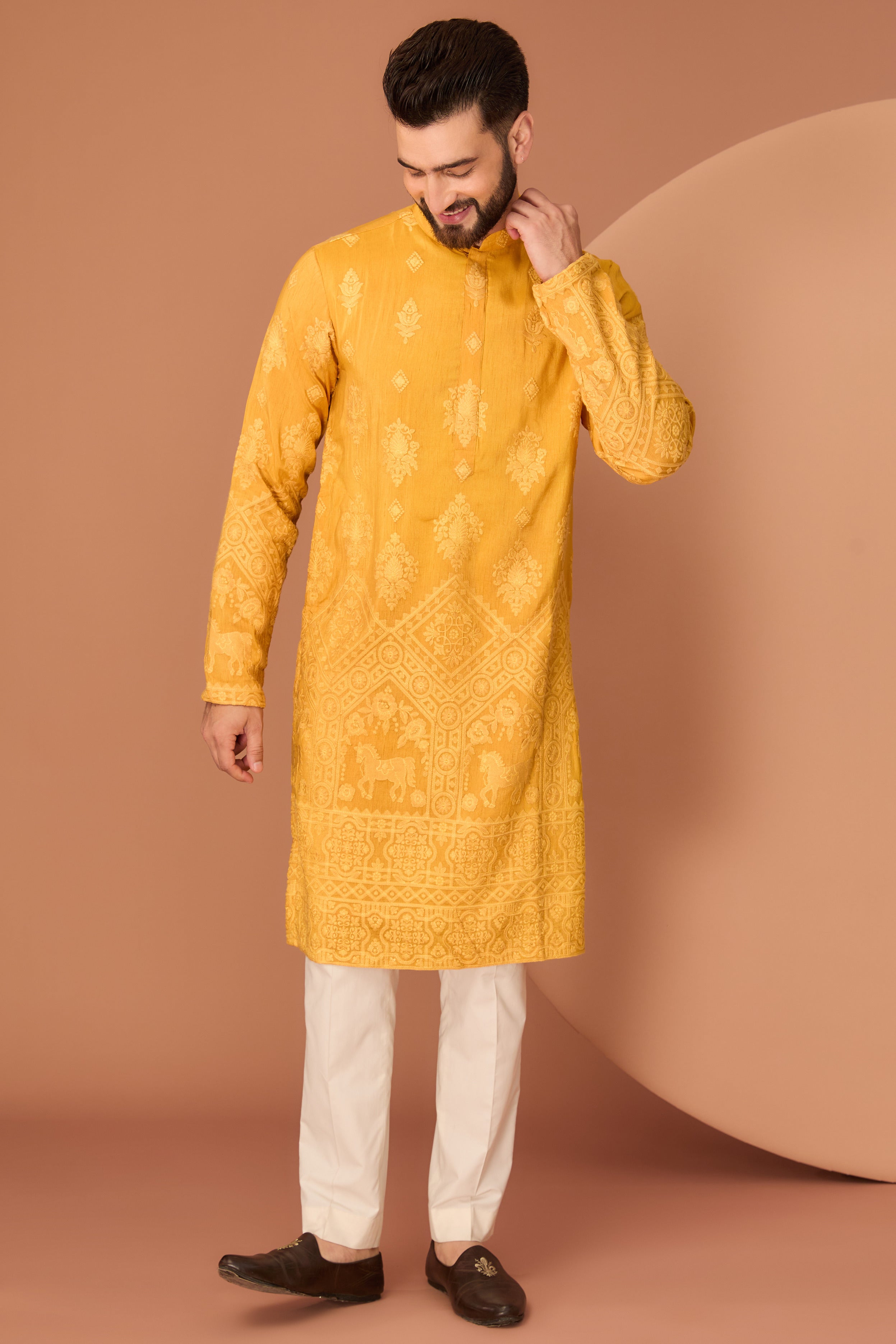 Mustard Chikankari Kurta with Intricate Figure Embroidery on Ghera - Elegant Indian Traditional Dress for Women - Perfect for Festivals, Weddings & Special Occasions